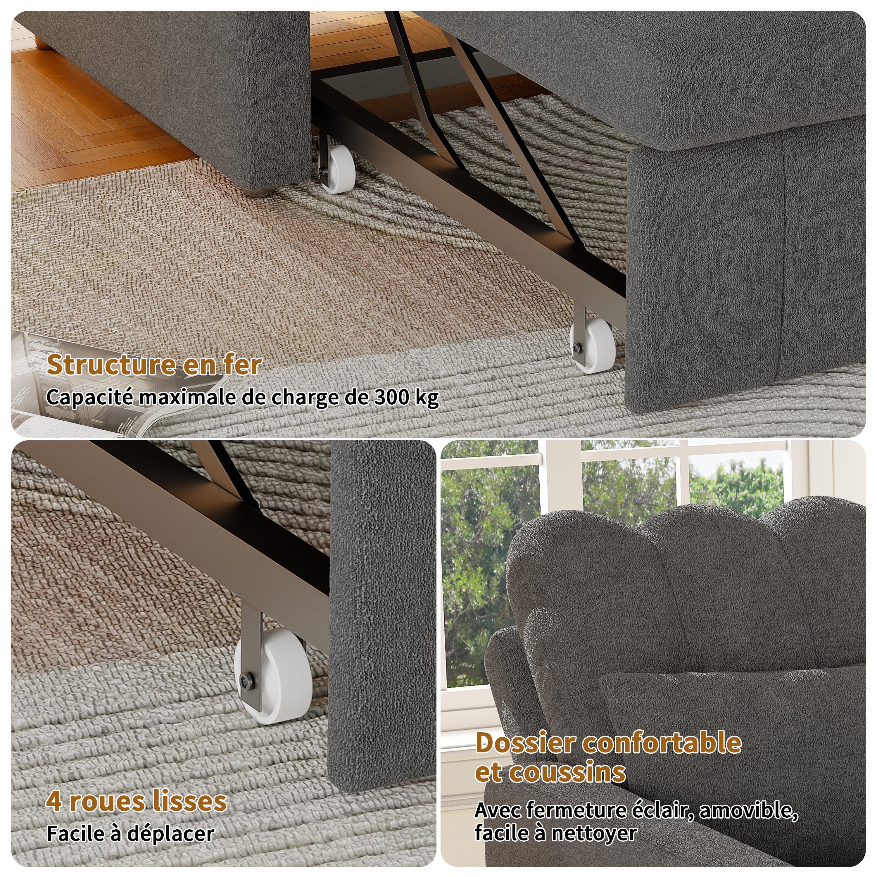 Canapé Lit Convertible 1 Place,3 en 1 Fauteuil Convertible Lit avec Table et Poches,Fauteuil Lit avec Dossier Réglable à 5 Positions,Gris(Chenille) - 7