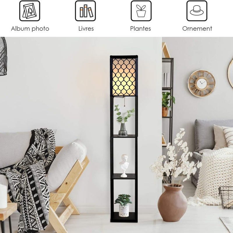 Lampa Stojąca do Wnętrz 1,6 m z 3 Półkami, Lampa Stojąca, Abażur z Tkaniny, Żarówka E27+60 W (Nie Dołączona) (Czarna z Kratką)