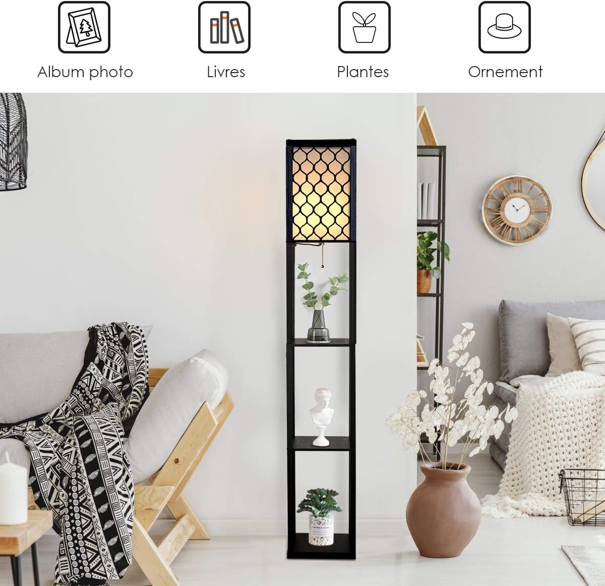 Lampa Stojąca do Wnętrz 1,6 m z 3 Półkami, Lampa Stojąca, Abażur z Tkaniny, Żarówka E27+60 W (Nie Dołączona) (Czarna z Kratką)