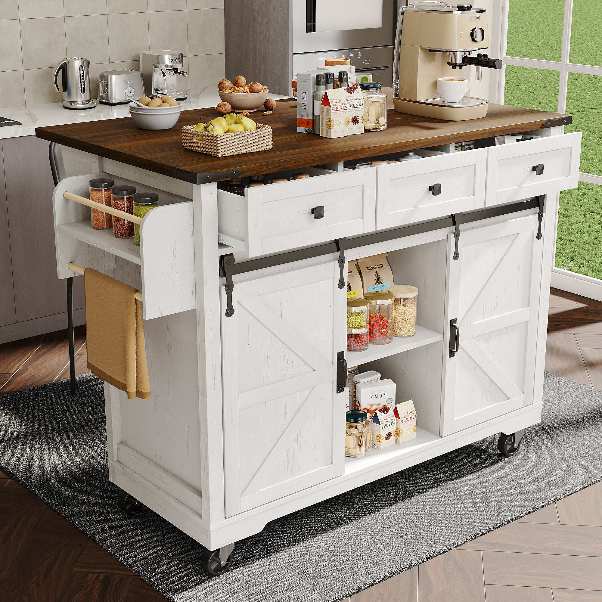 Carrito de cocina con tapa abatible/3 cajones, 140 x 45 x 94 cm, mdf, beige