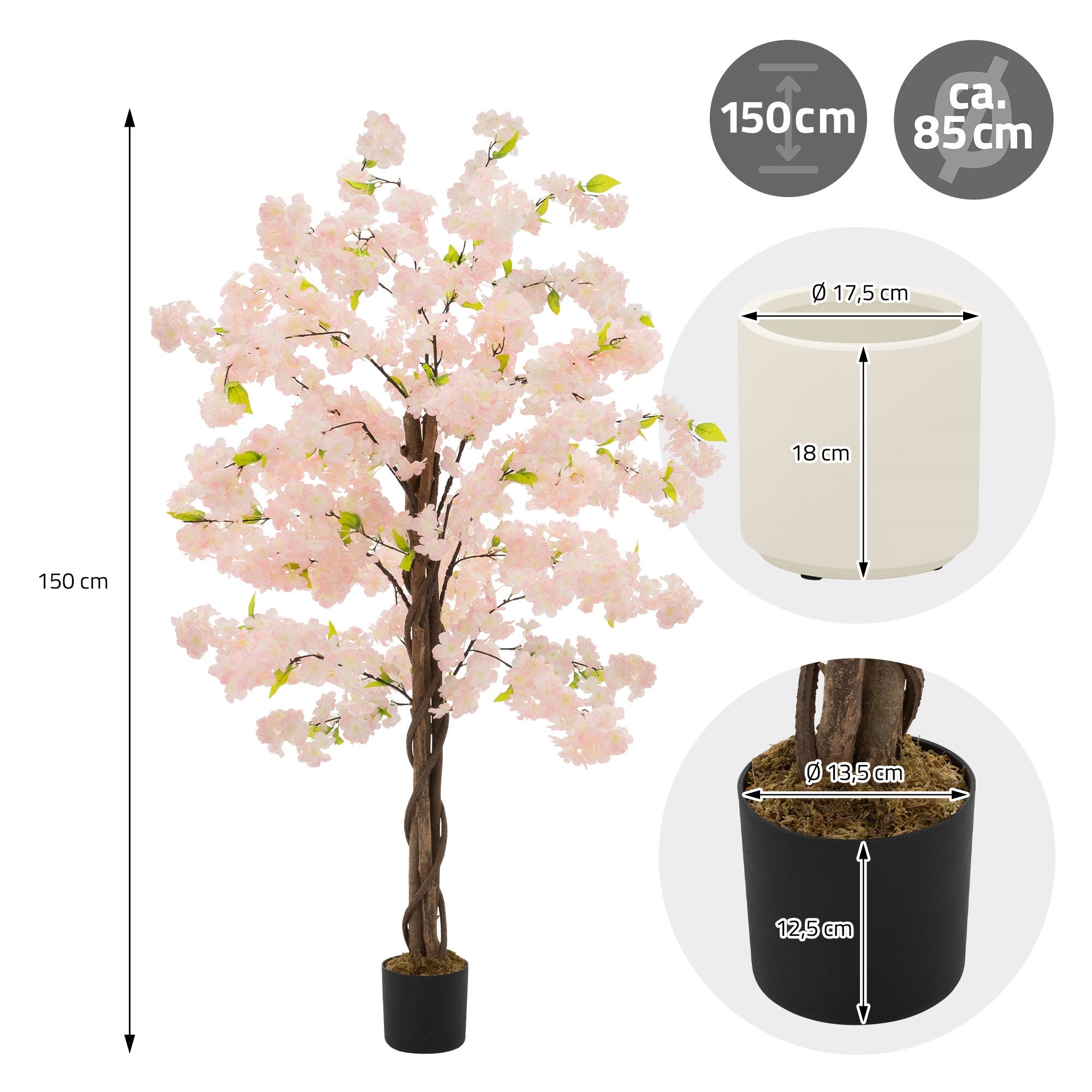 Plante artificielle cerisier 150 cm faux arbre décoratif imitation réaliste en plastique avec des fleurs roses pot inclus pour intérieur et extérieur - 6