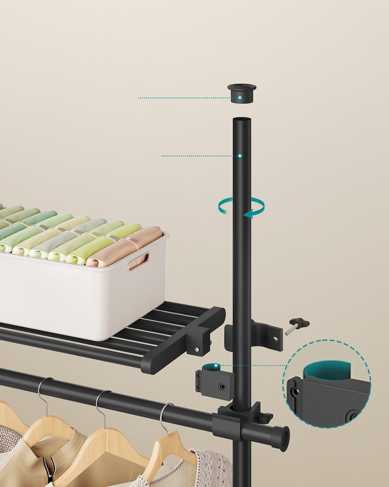 Portant à Vêtement du Sol au Plafond, Rangement 3 Niveaux, Étagère Extensible, Bras de Support Pliable, Barres Télescopiques, Noir Mat - 4