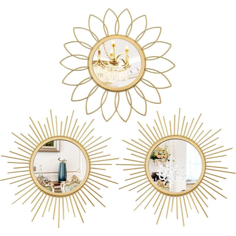 Set de 3 oglinzi de perete din metal auriu cu efect de soare - Decor de perete suspendat pentru living, dormitor, hol de intrare 3buc