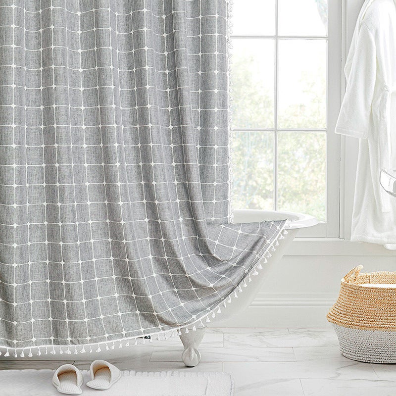 Rideau De Douche En Faux Lin Texturé 120x200cm - Imperméable & Anti-Moisissure - Beige Avec Bord Ondulé - Livré Avec 8 Crochets - 12