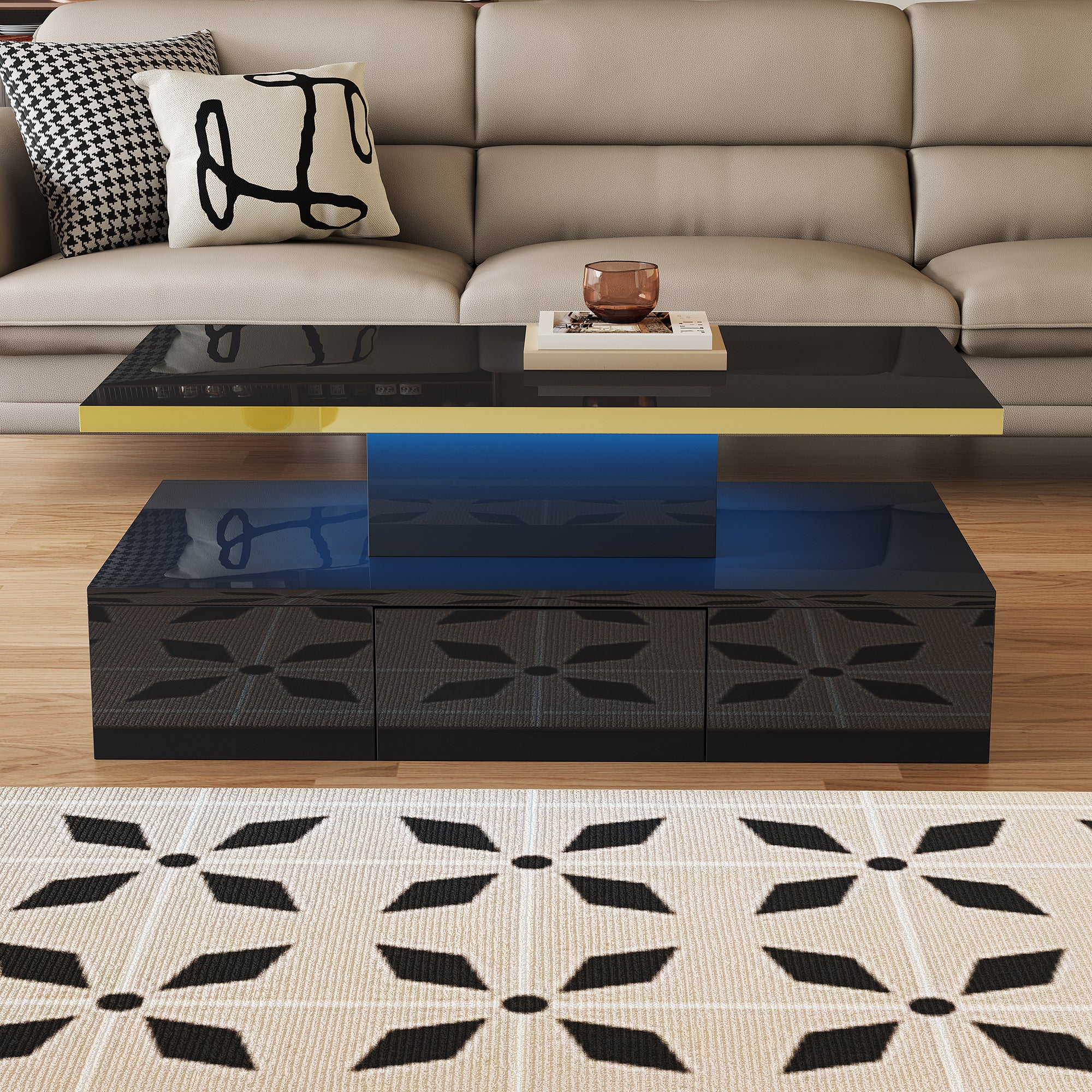 Mesa de centro - 1 cajón y 2 estantes - tablero de partículas - LED - negro brillante - 2