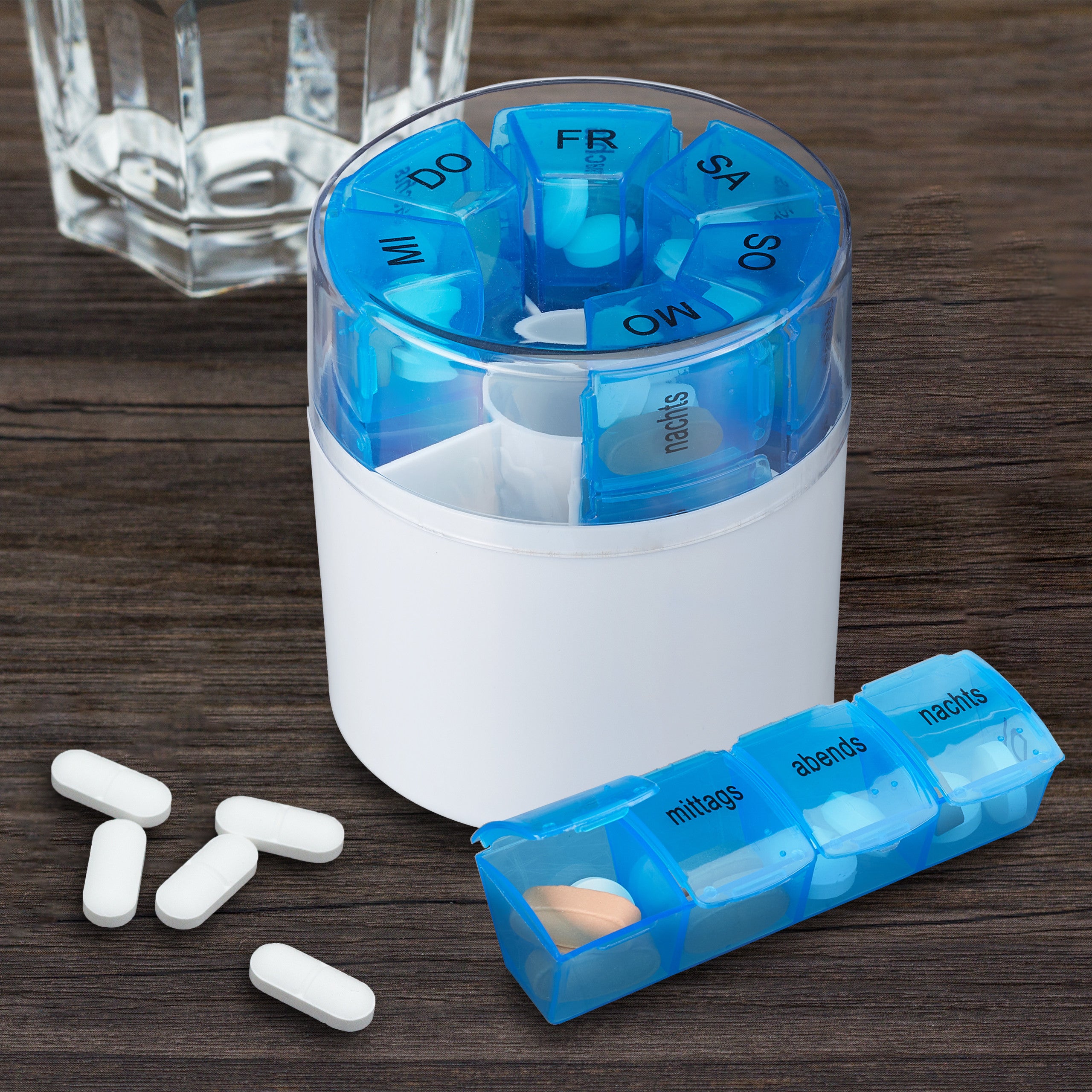 Portapillole Settimanale 2 Pezzi – 14 Scomparti AM/PM – Contenitore Farmaci Da Viaggio Bianco E Blu