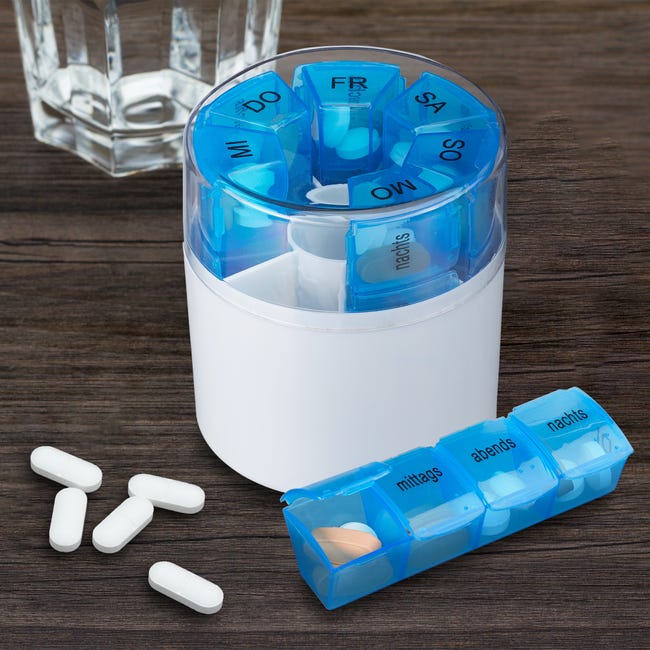 Portapillole Settimanale 2 Pezzi – 14 Scomparti AM/PM – Contenitore Farmaci Da Viaggio Bianco E Blu