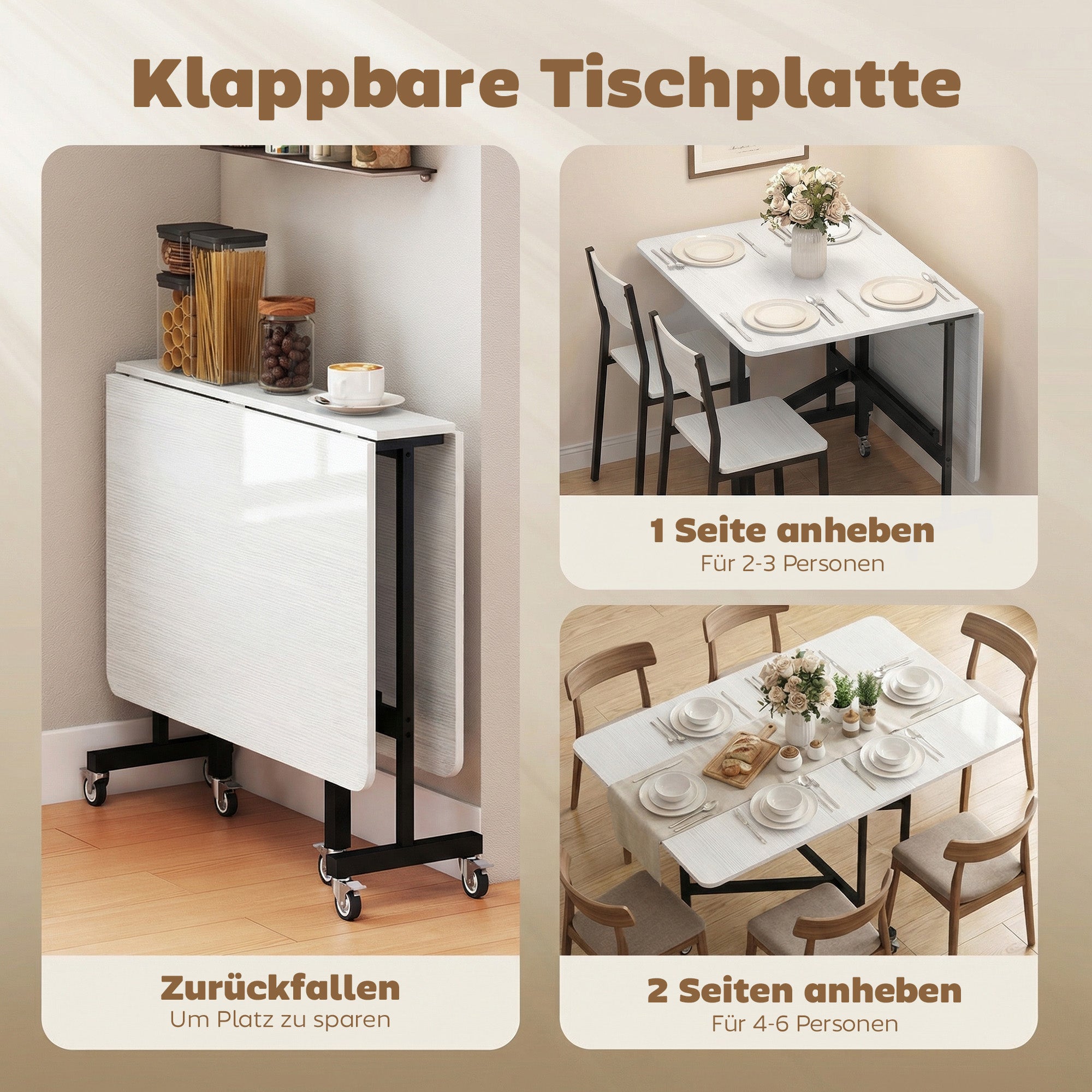 Table pliante mobile à 6 roues avec freins, table de cuisine pliable ...