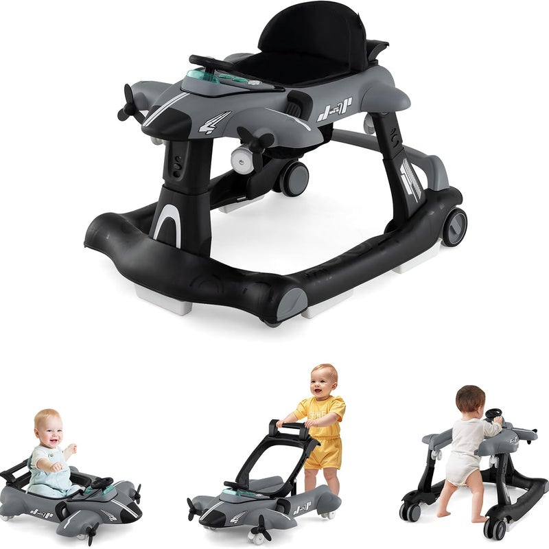 6 w 1 Chodzik dla Niemowląt z 3 Regulowanymi Wysokościami, Składany z Muzyką, 12 kg, Chodzik Samochodzik dla Niemowląt w Wieku 6–18 Miesięcy (Szary)