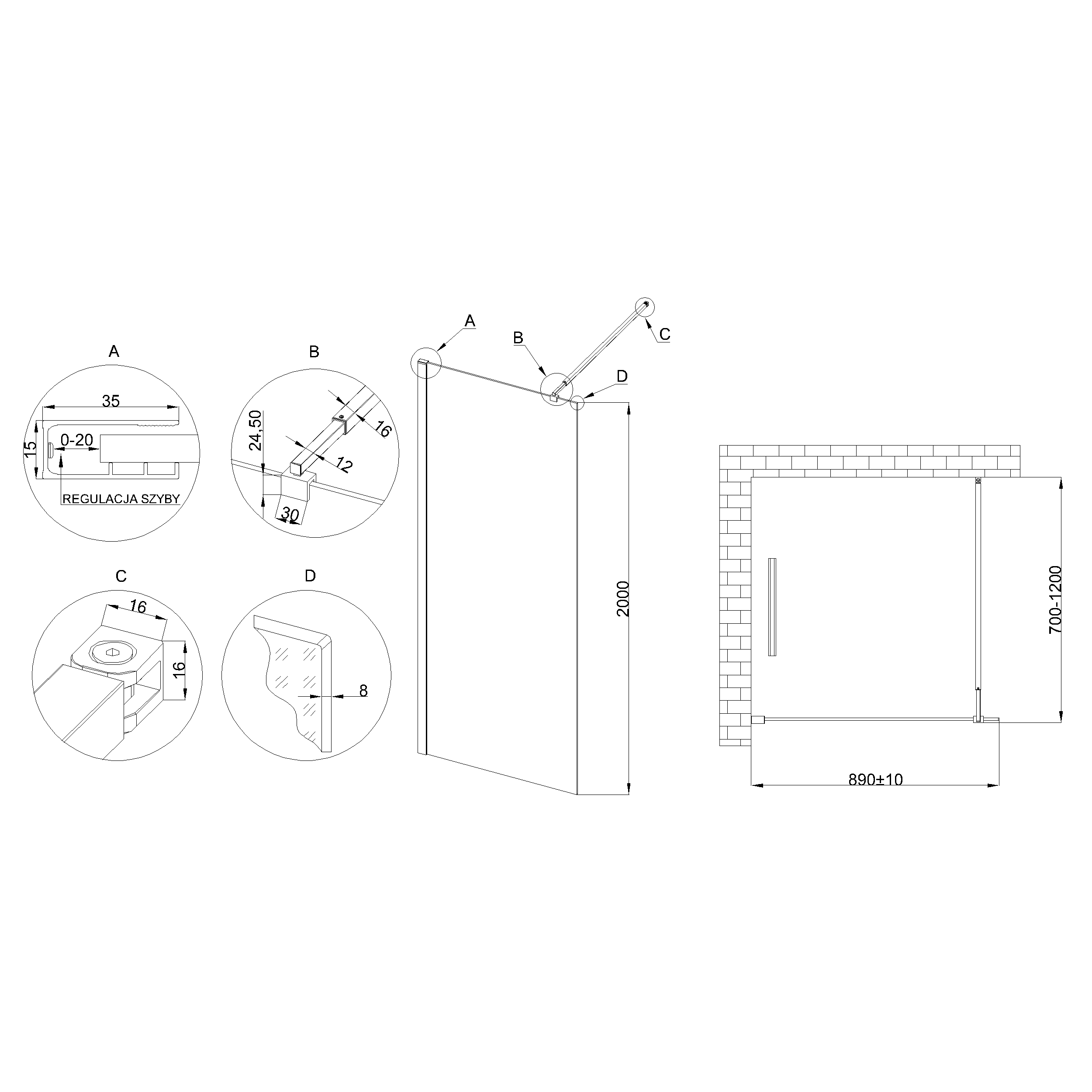 Kabina Prysznicowa Walk In Kabina Walk-In Ścianka 200 x 90 cm INVENA - 7