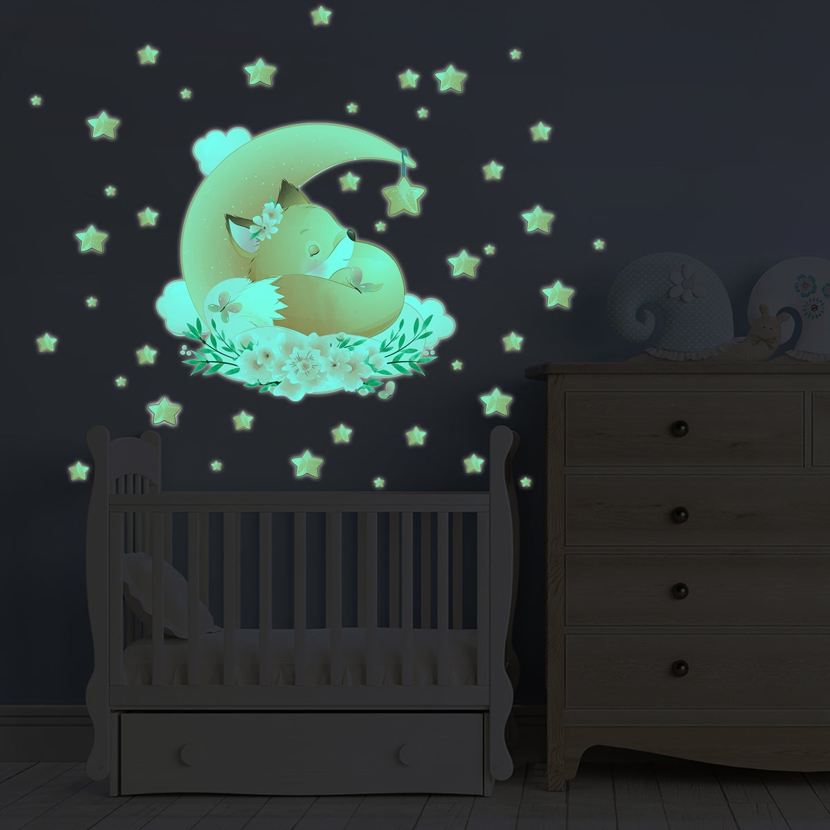 Adesivos fosforescente volpe tra le stelle + 40 stelle - Sticker adesivo - adesivi murali - 50x55cm - 6