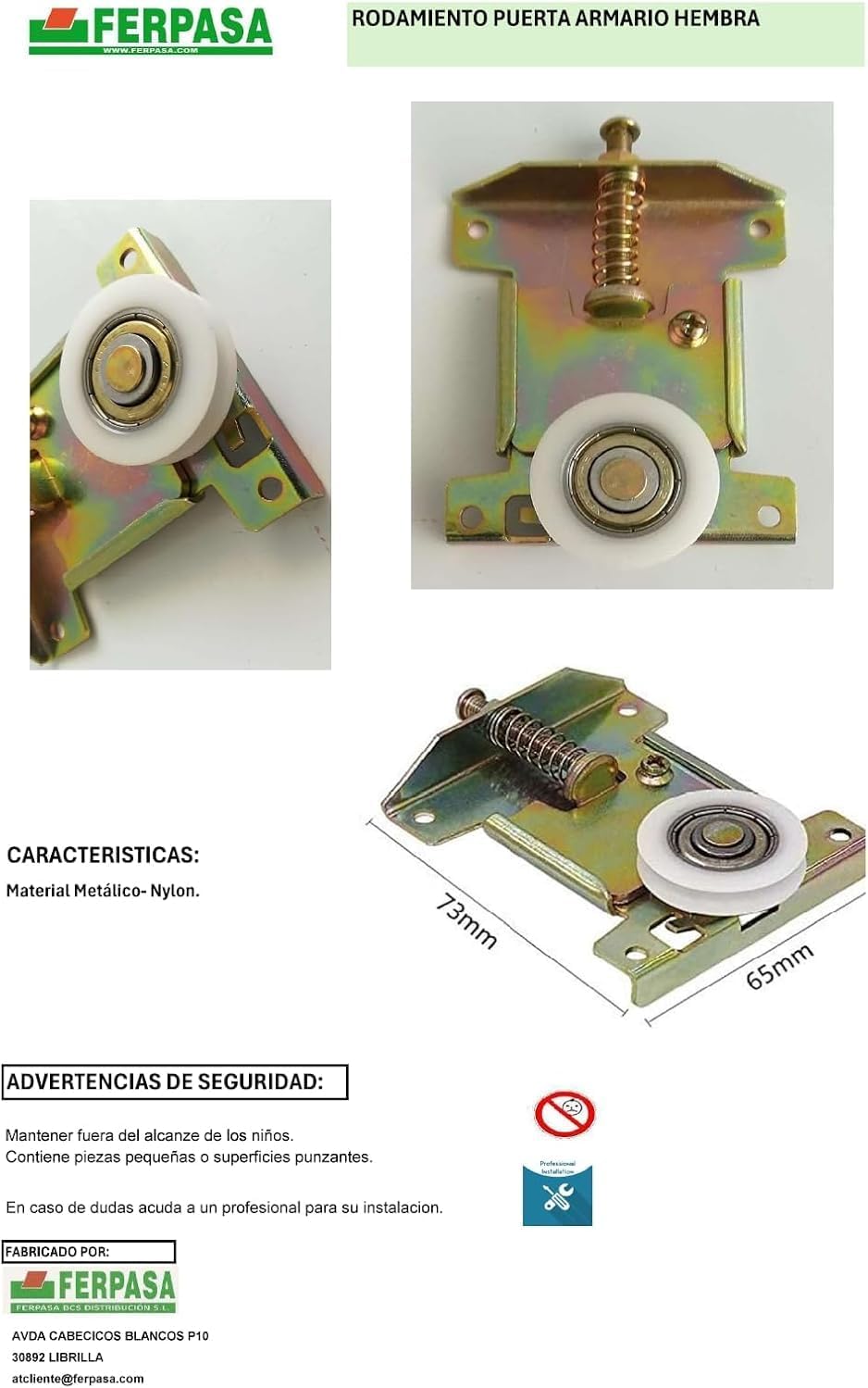 FERPASA® - Rodamiento Puerta Armario Macho 65x73 Pack 2 - 6