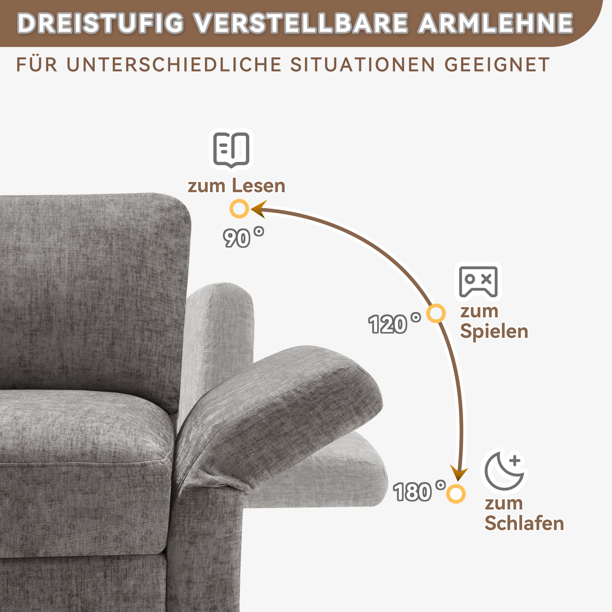 Canapé d'angle 3 places avec repose-pieds et accoudoirs réglables - 218 x 156.5 x 86 cm - Tissu en chenille - Gris - 8