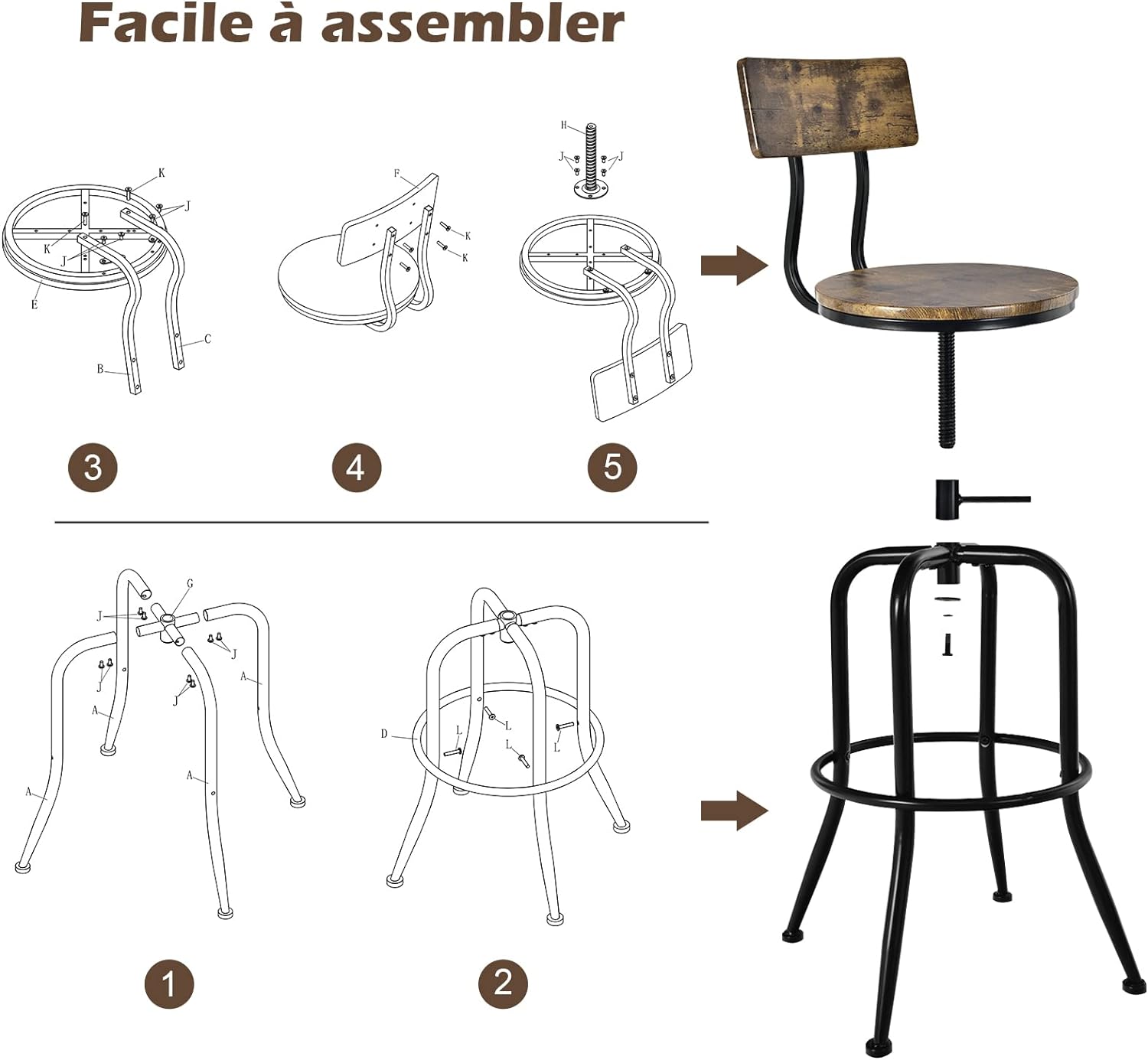 Lot de 2 Tabourets de Bar, Hauteur Réglable de 69 à 76 CM, Chaise Haute Bar avec Dossier Détachable et Repose-Pieds, Cadre en Métal - 8