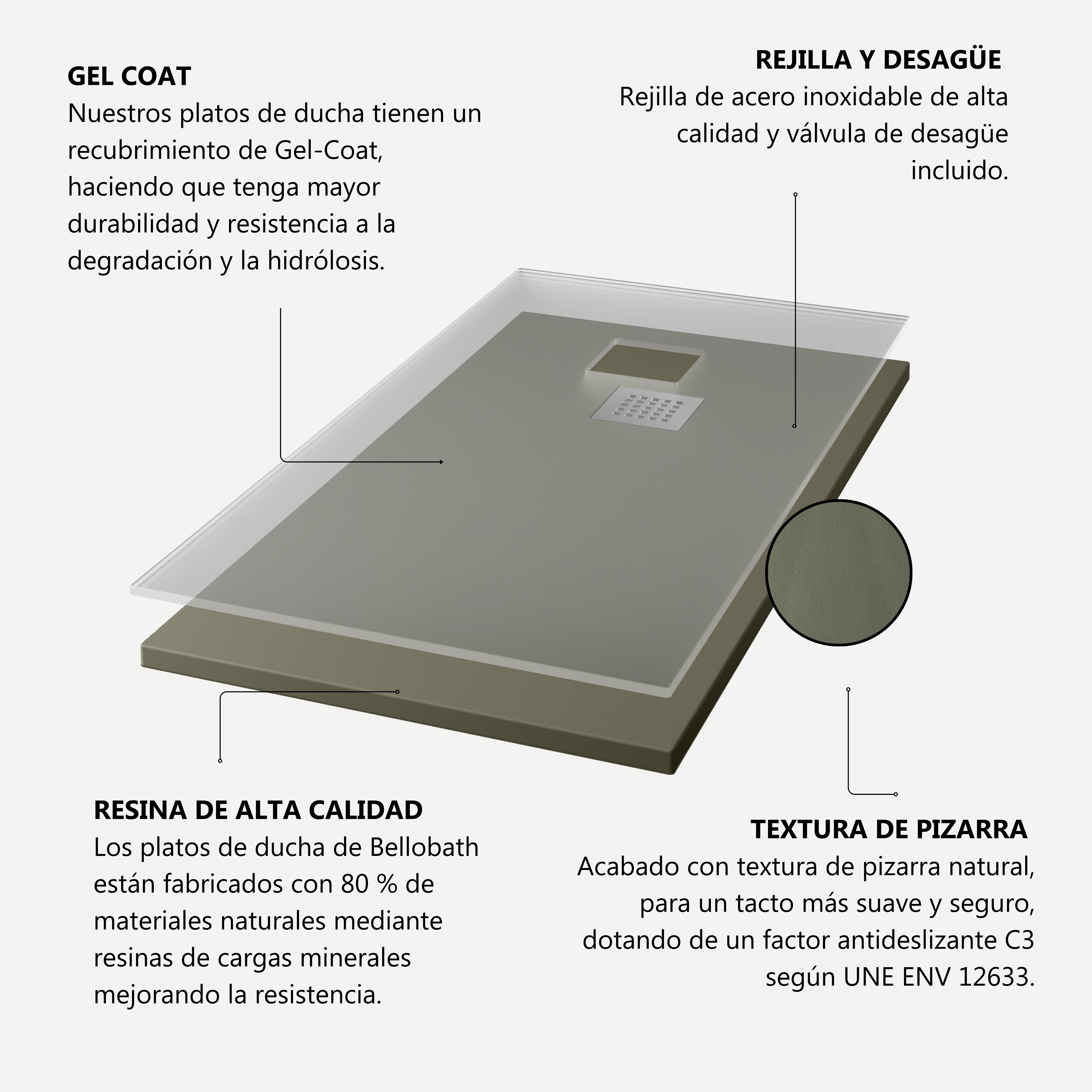 BELLOBATH - Plato de ducha de resina antideslizante - Textura pizarra suave - Plato ducha incluye válvula desagüe y rejilla- Kaki - 70 X 70&nbsp;cm - 7