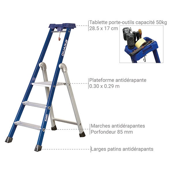Escabeau pro 3 marches - Hauteur max. de travail 2.66m - 639203 - 3