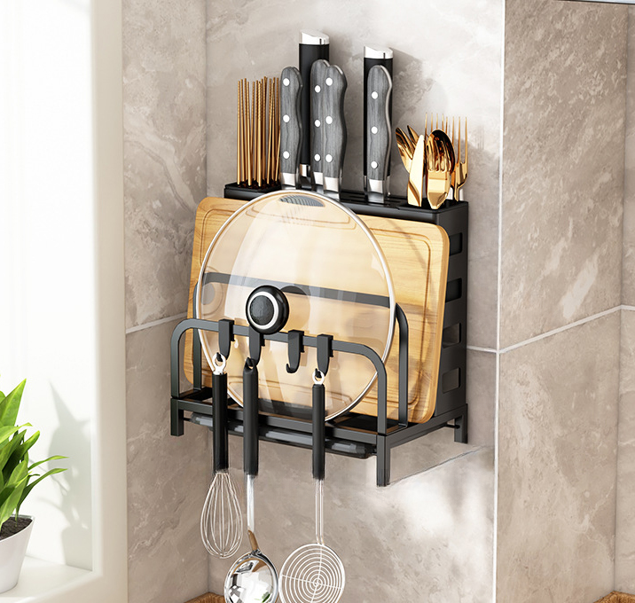 Uniwersalna czarna półka kuchenna ze stali węglowej na noże, przybory kuchenne i deski do krojenia, 25,5*14*24 cm