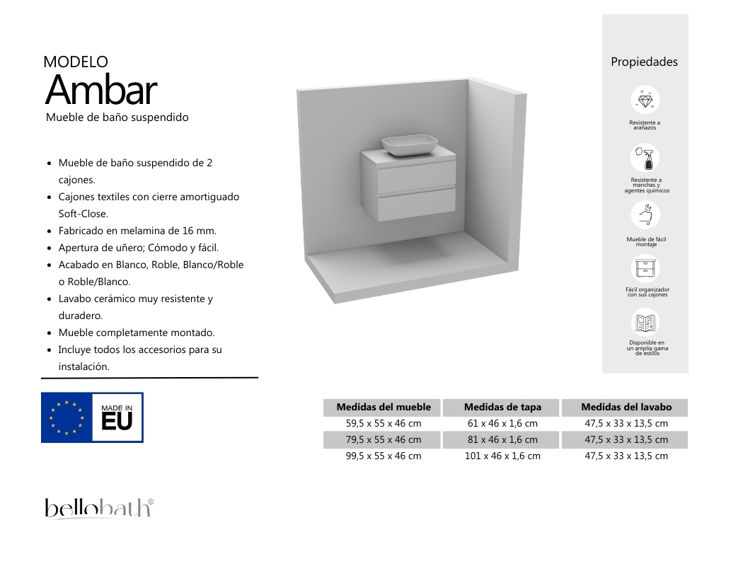 BELLOBATH - Meuble Salle de Bain avec Plan Vasque en Céramique, Meuble Monté avec 2 Tiroirs, 60 x 55 x 46 cm, Meuble Chêne - 5