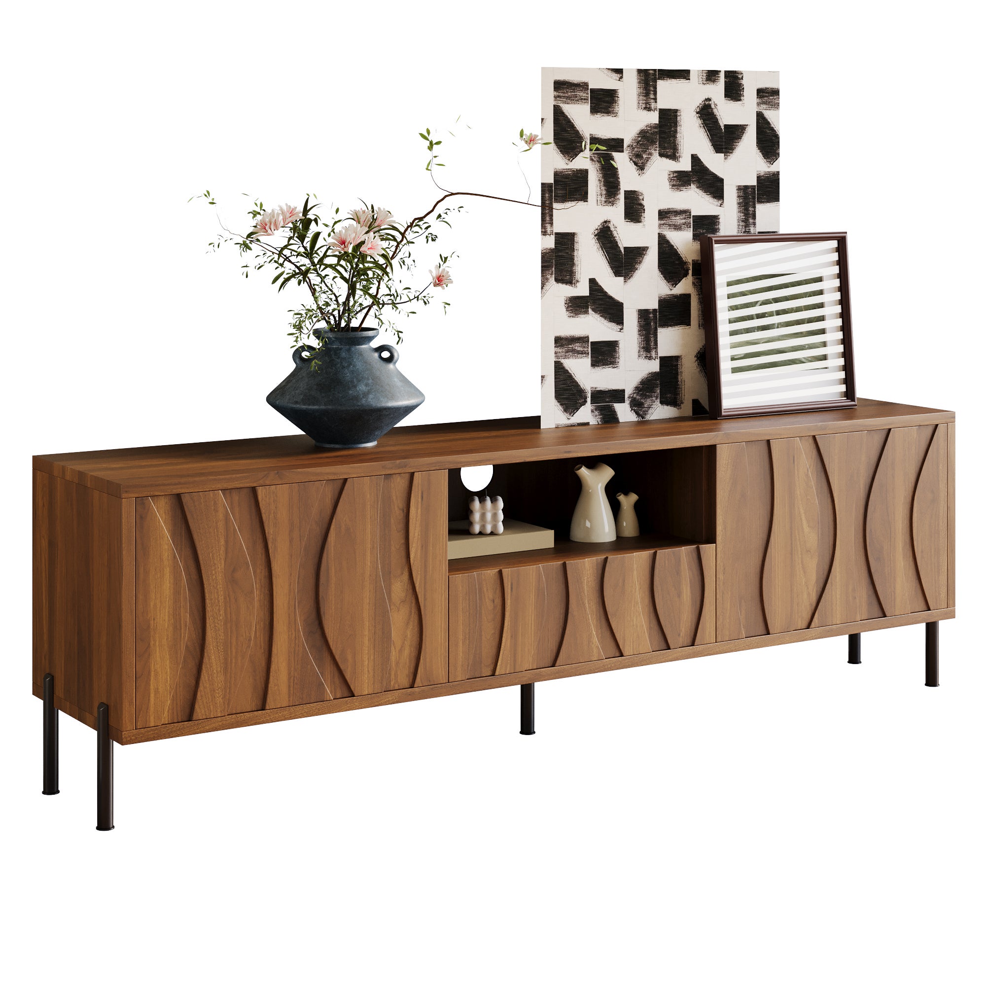 Meble pod TV 160x35x46cm - z 3 frontami - z otwartą przestrzenią do przechowywania - Nogi żelazne - MDF - Kolor naturalny - 6