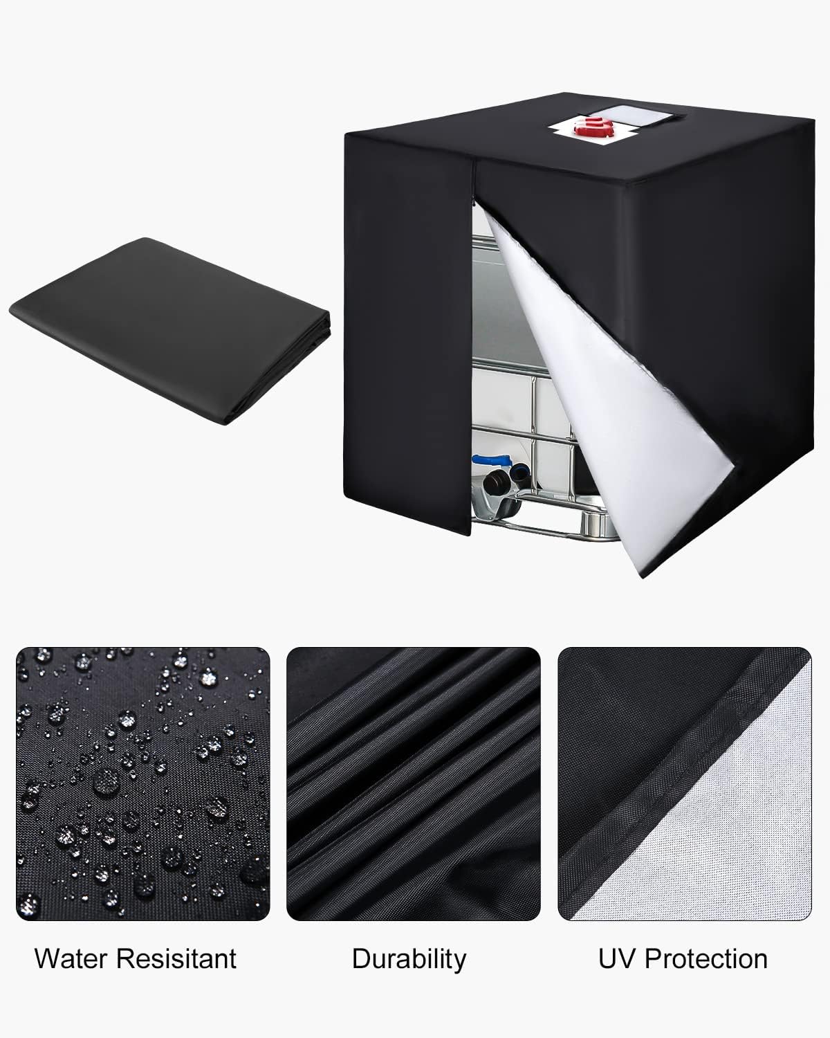 120 x 100 x 116 cm(Noir) Bache pour Cuve 1000L IBC, 420D Réservoir d'eau Couvercle, Anti-UV Housse Protection Cuve, Bâche de Protection Cuve IBC - 4