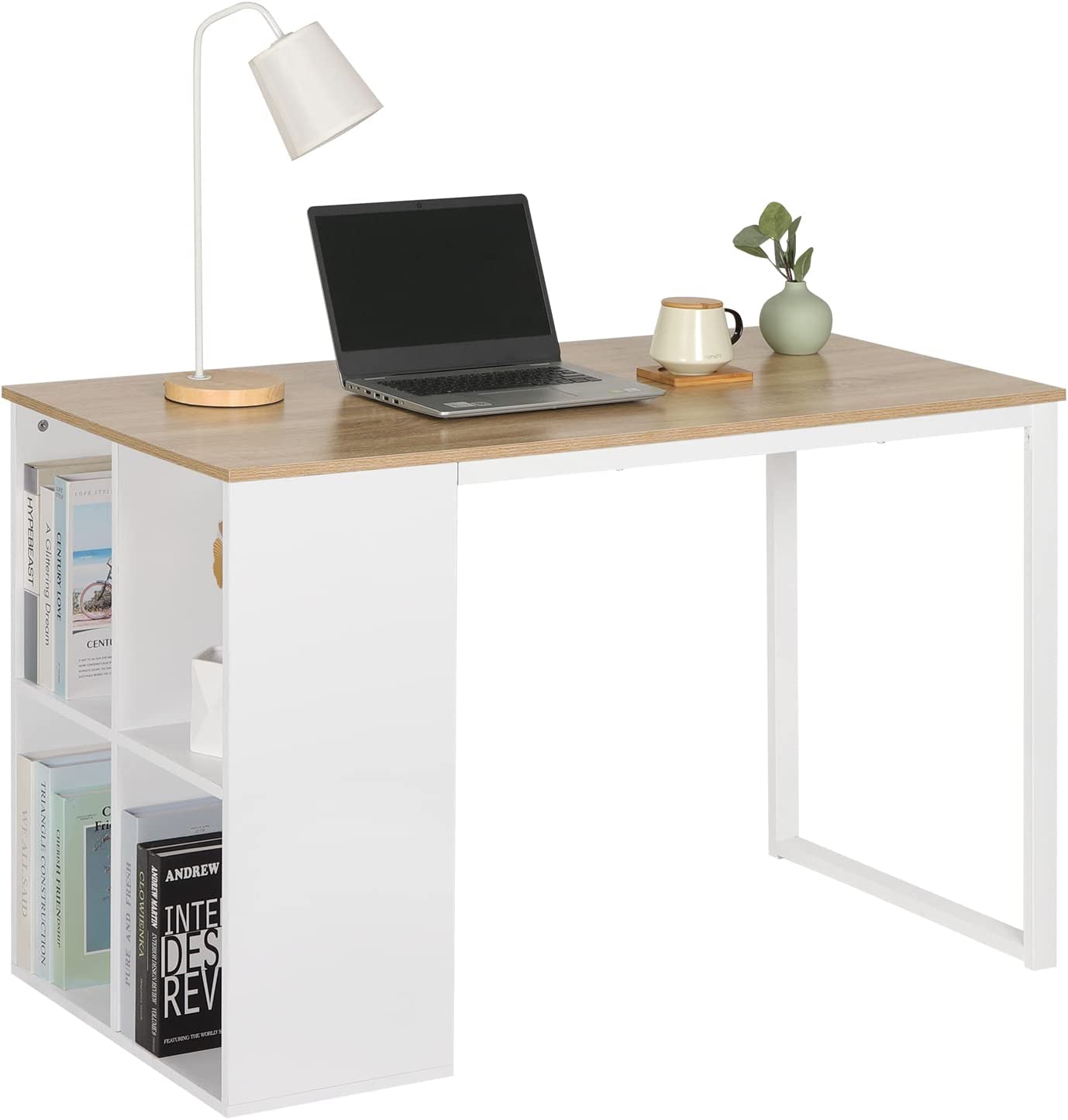 Bureau D'Ordinateur 120x60x75 Cm WOLTU - Table De Travail Avec Étagères De Rangement - Chêne Clair Et Acier
