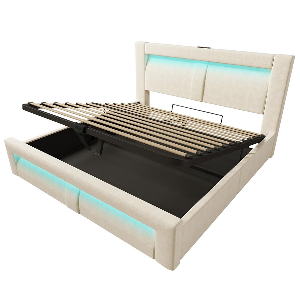 Cama hidráulica con iluminación LED controlada por aplicación, puertos de carga USB y Type-C, terciopelo, beige - 160 x 200 cm. - 6