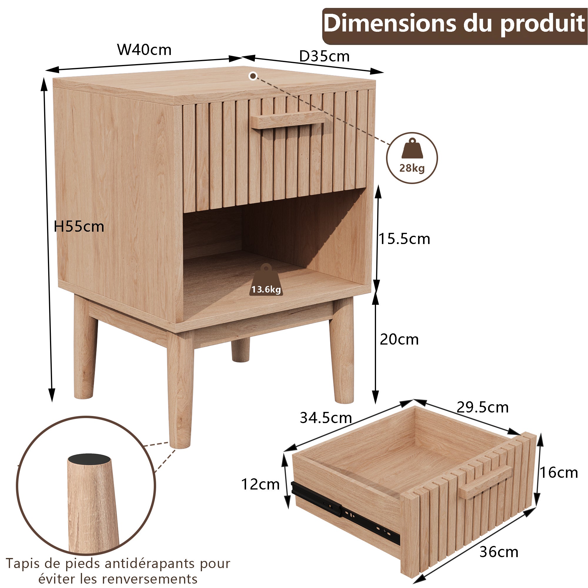 Lot De 2 Table de Chevet, Table de Nuit avec 1 tiroir Moderne bohème pour Chambre à Coucher, Salon - 4