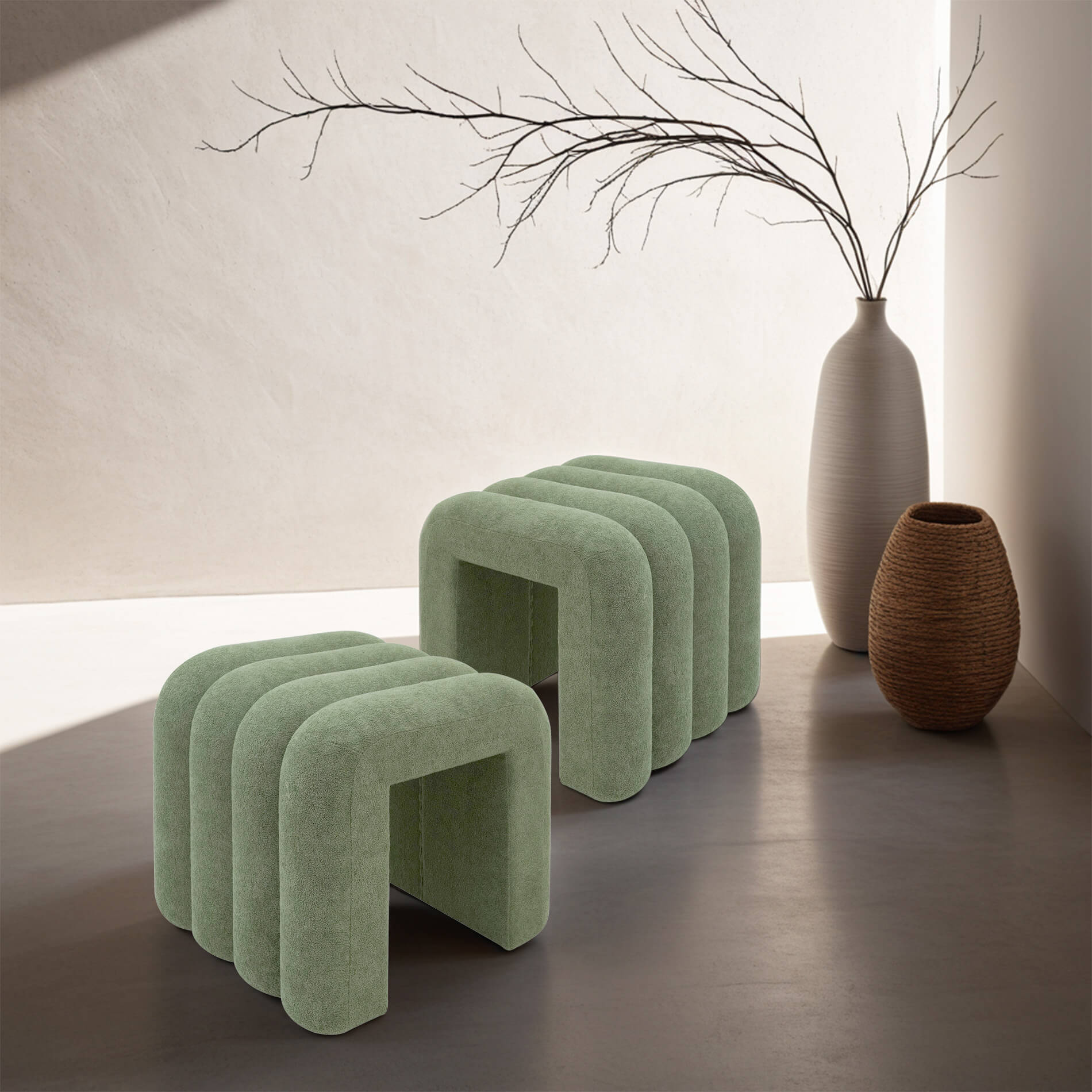 Rebecca Mobili Pouf Bamya 40x38x40 Tissu Polyester MDF Vert Foncé Moderne ENSEMBLE 2 pcs - 2