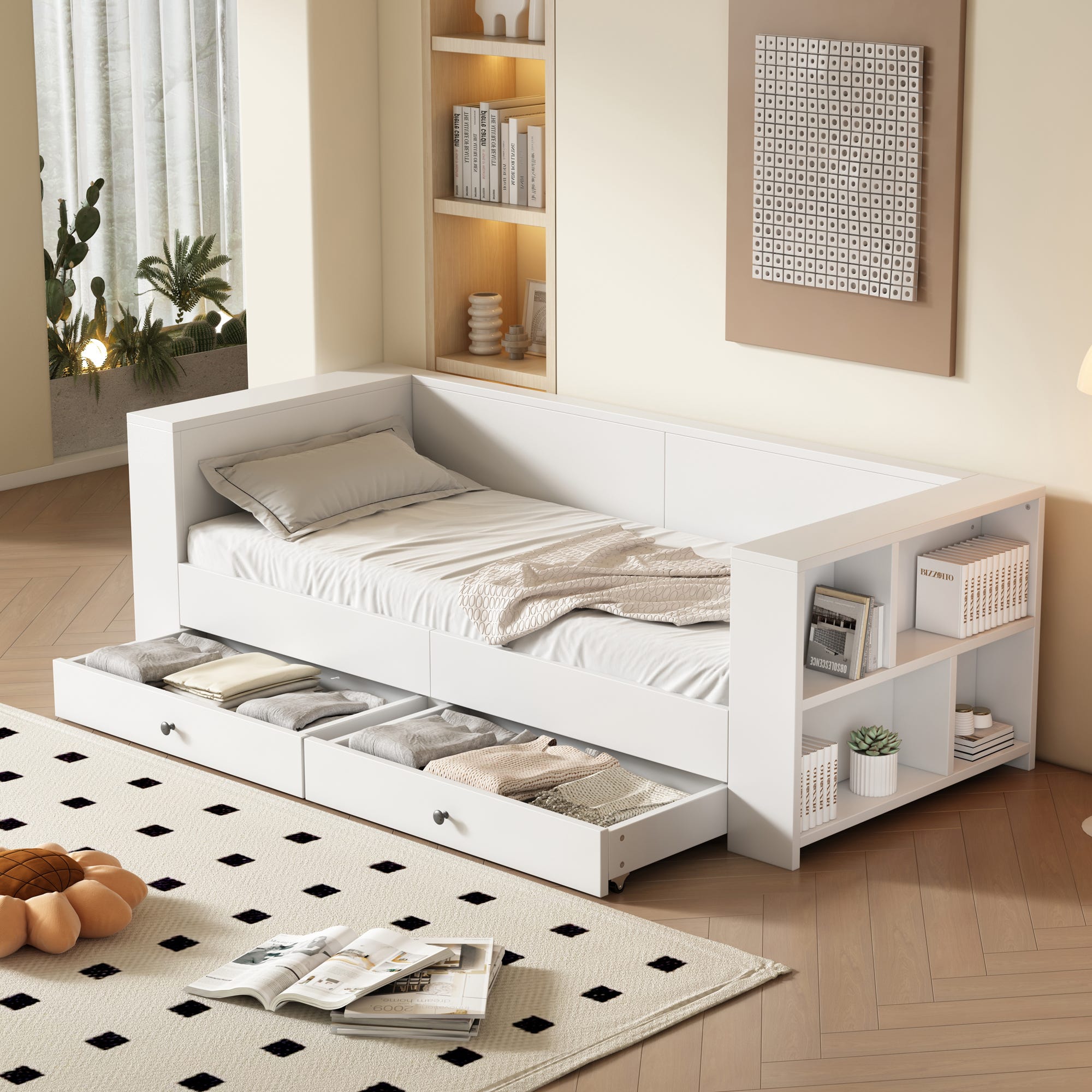Lit simple 90 x 200 cm avec 2 tiroirs pour enfants, étagères de ...