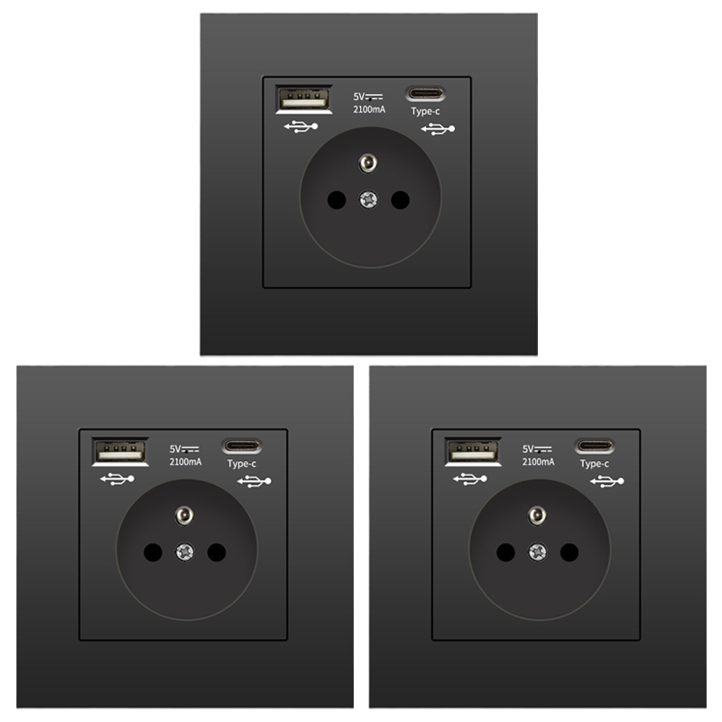 Lot de 3 prises murales avec USB et Type-C, 5 V 2,1 A, prise USB ...