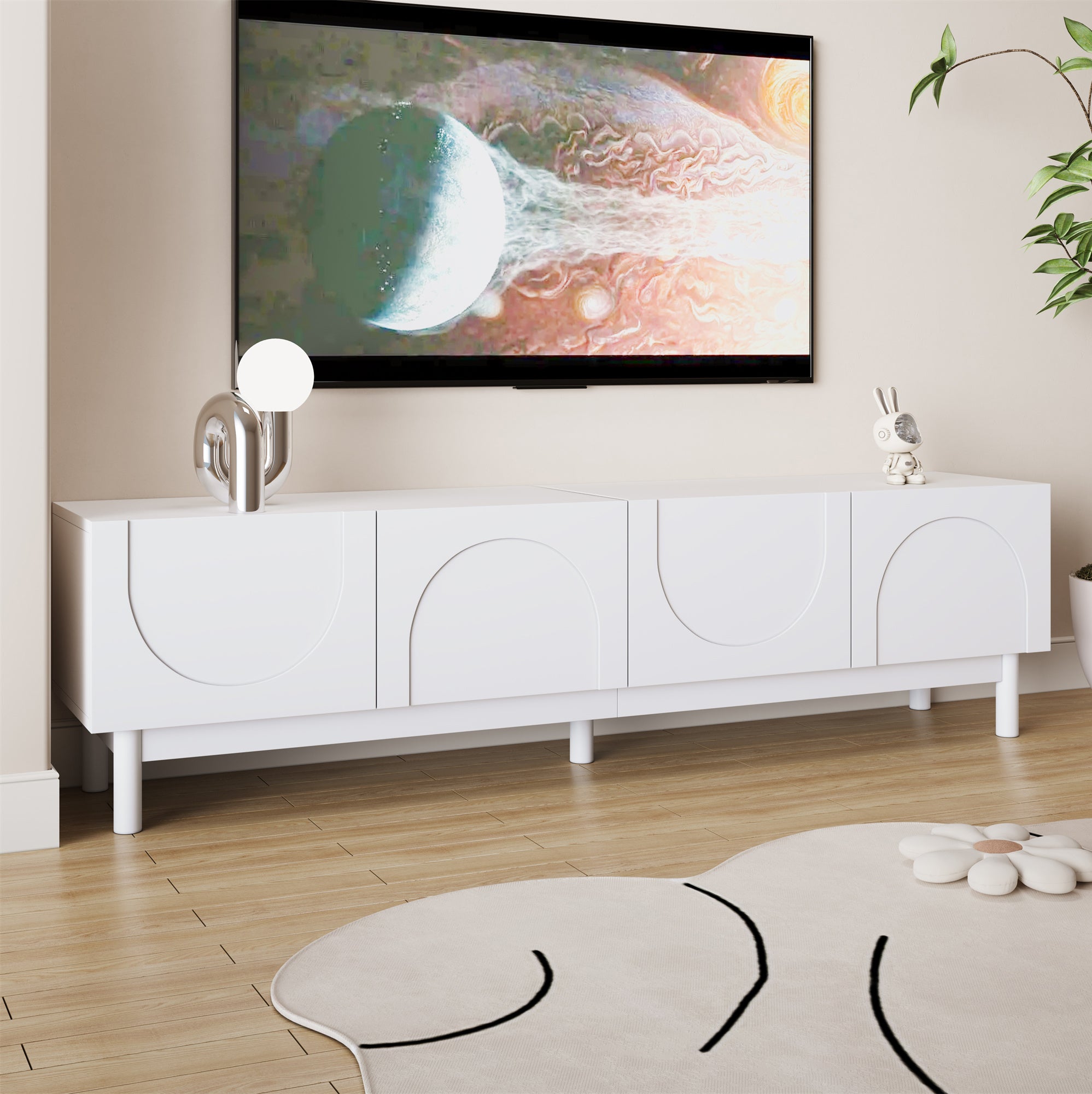 Szafa pod TV 169x34x45,5 cm - 4 drzwi - nogi z litego drewna - płyta wiórowa - biały