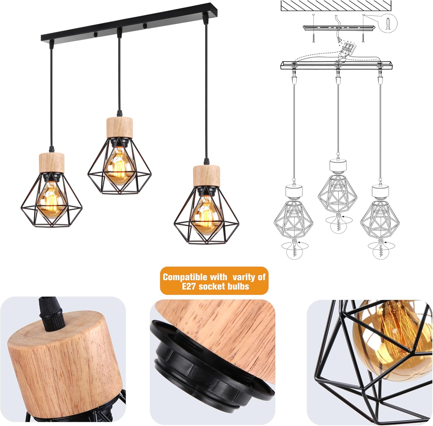 Lustre industriel, plafonnier cage en métal, suspension vintage, lampe suspendue, longueur de corde de suspension réglable (sans ampoule) - 5