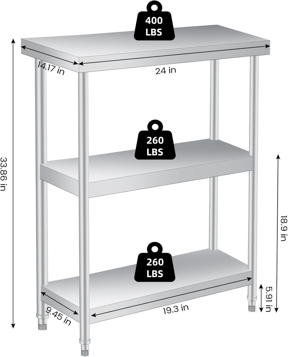 Stainless Steel Table, 14 x 24 x 34 in, 3-Tier Metal Prep Table | Leroy ...