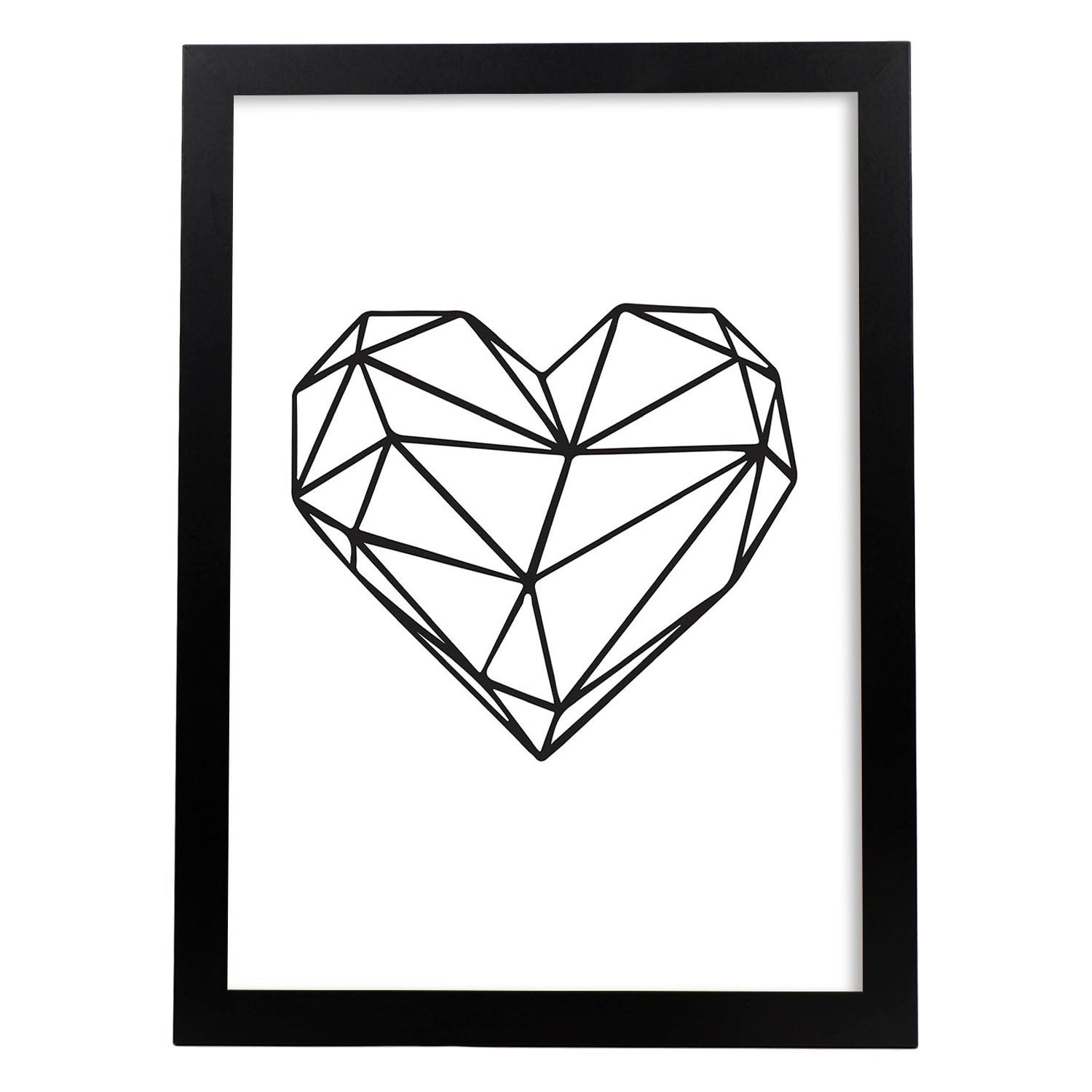Poster con dibujo nordico de lineas. lamina corazon, ilustrada con con lineas y formas marco madera clara - a3