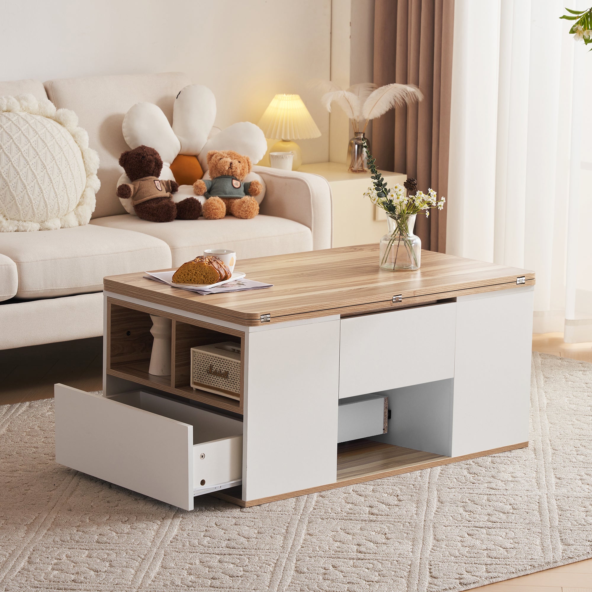 Table Basse Relevable Yaheetech - Moderne - 2 Compartiments - Blanc/Brun Foncé