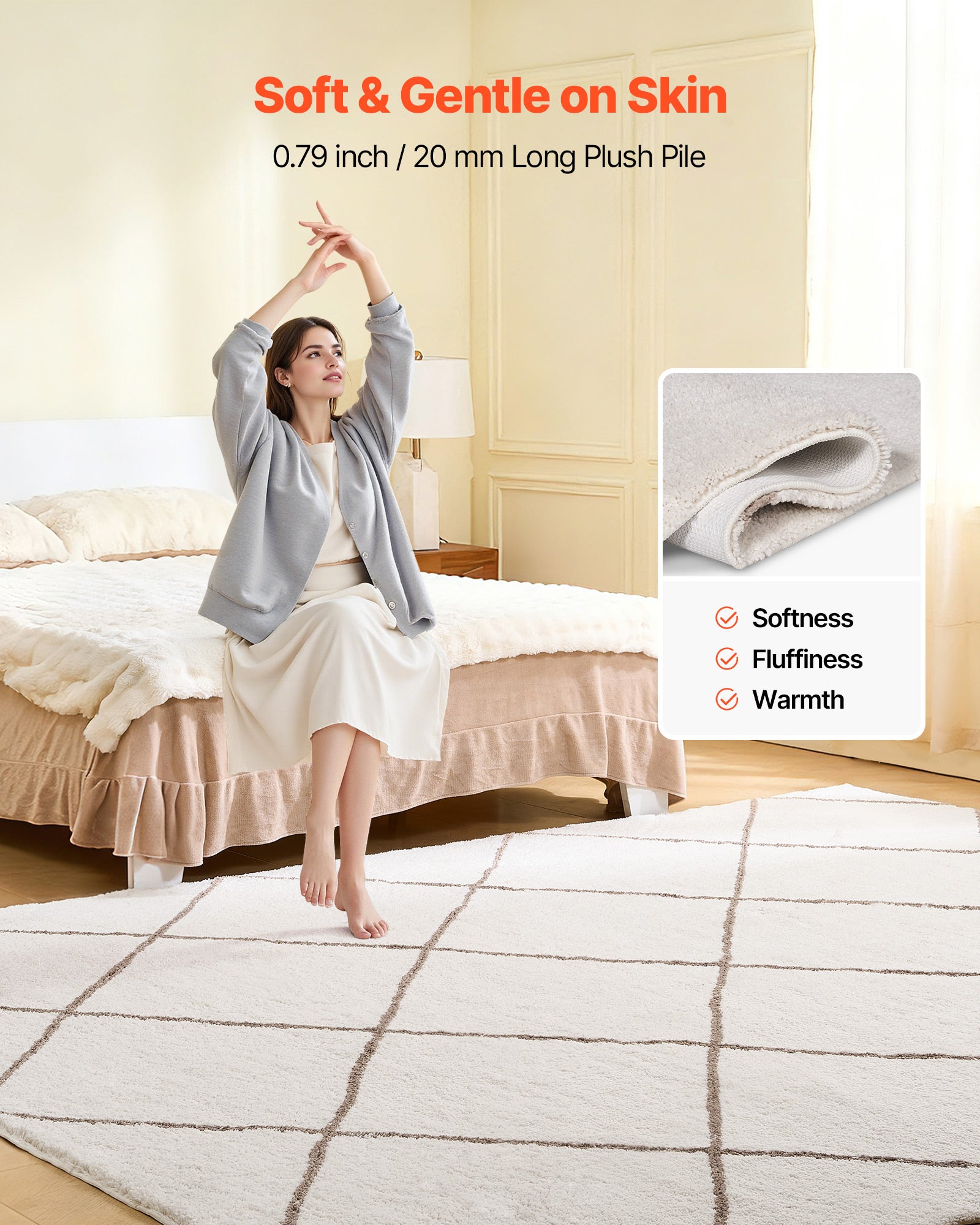 Tapis Poil Long VEVOR 2,44 x 3,05 m, Intérieur Rectangulaire en Peluche Moelleux Résistant Envers Antidérapant pour Salon, Chambre, Véranda, Beige - 4