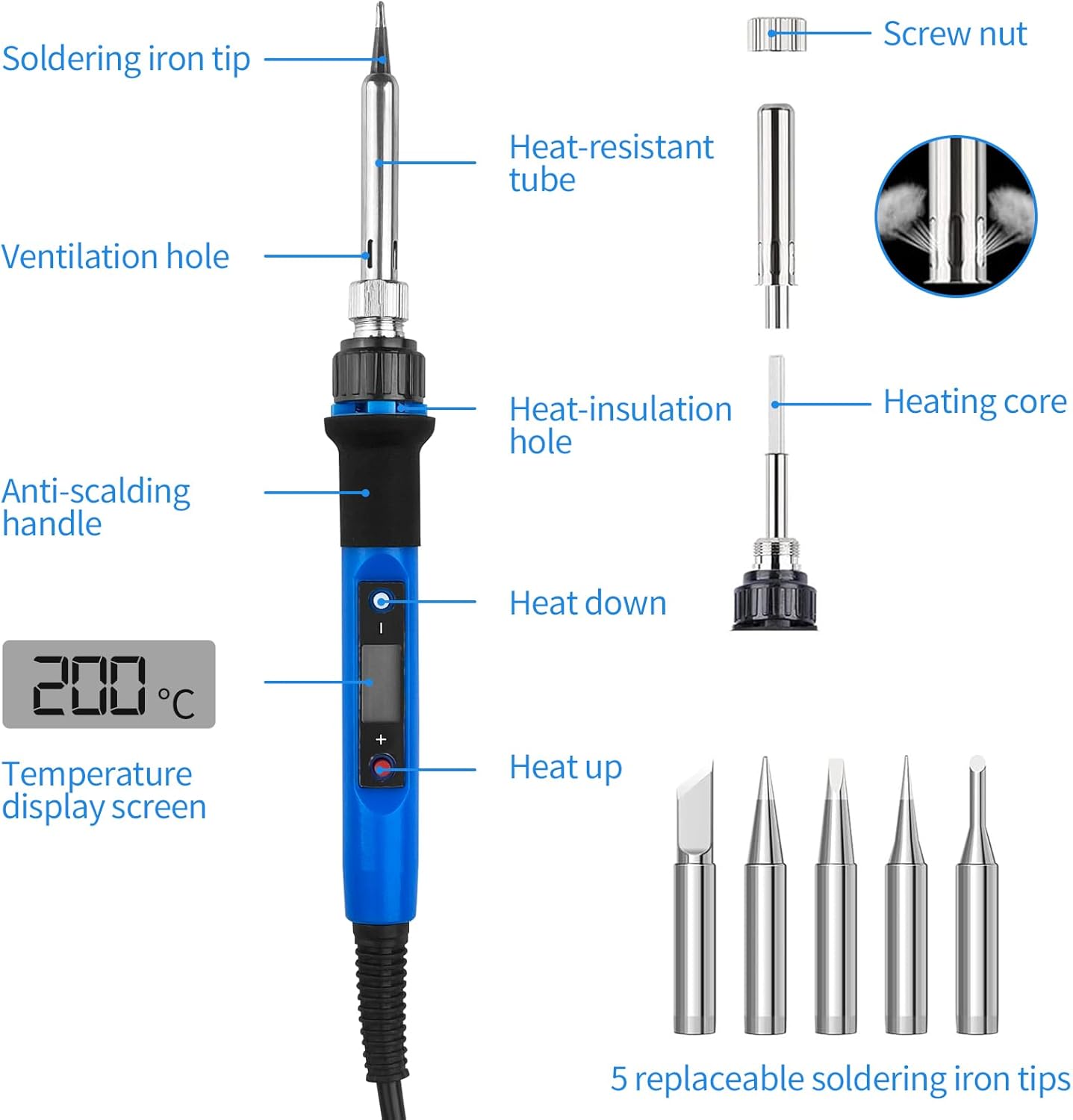 Saldatore A Stagno Professionale 60W Con Temperatura Regolabile - Kit Completo Con 5 Punte E Base