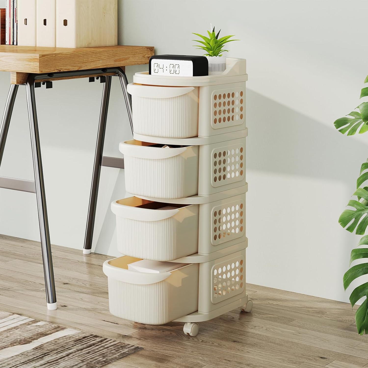 Carrello con 4 Cassetti, Contenitore in Plastica con Rotelle, 6 Ganci, Mobiletto Portaoggetti Mobile per Soggiorno, Cucina e Ufficio (BIANCO) - 8