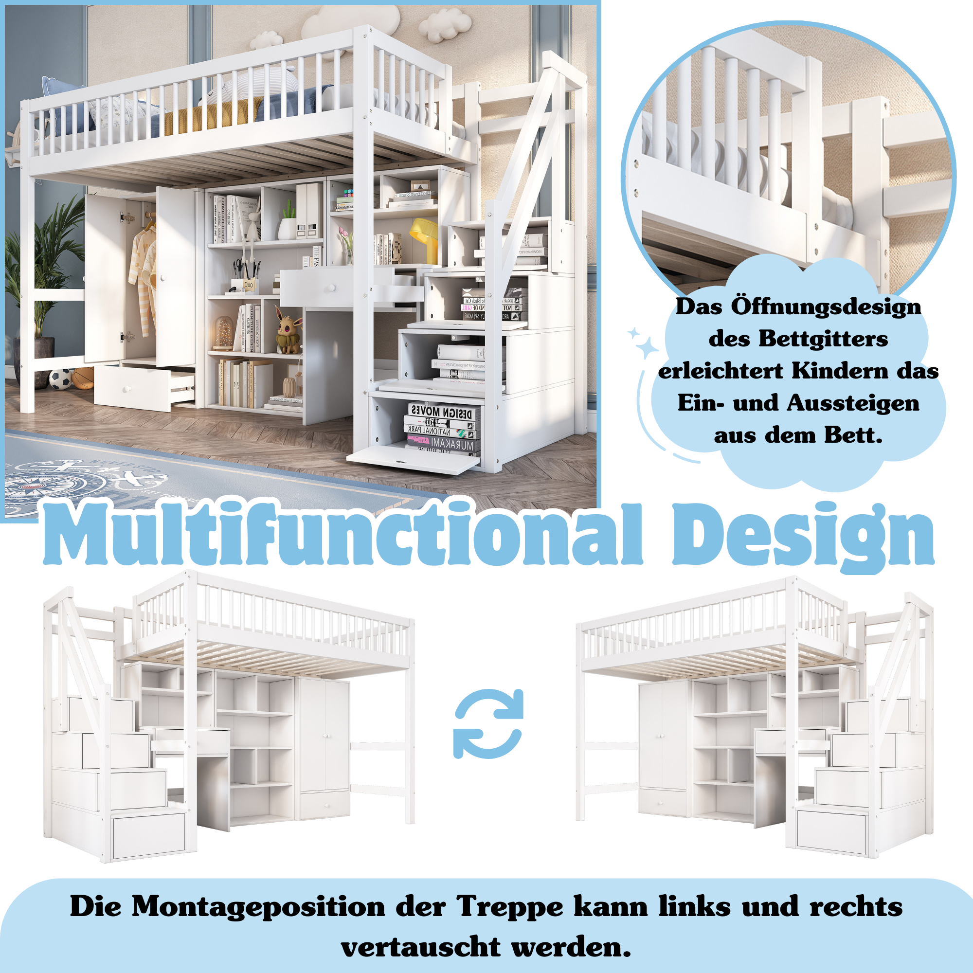 Letto per bambini 90 x 200, letto singolo, con scrivania, scale, armadietti e guardaroba, senza materasso, legno massello e MDF, bianco - 6