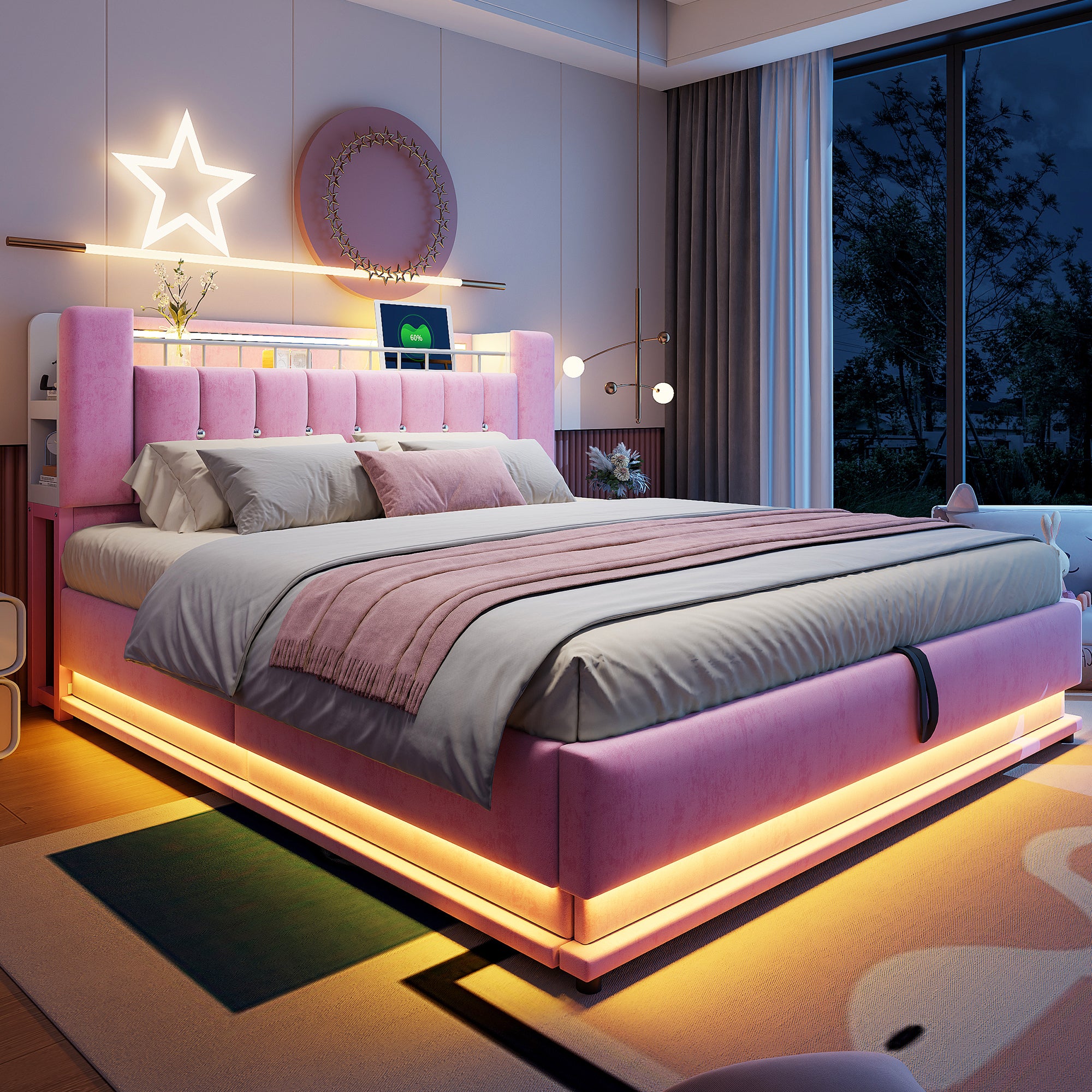 Łóżko z pojemnikiem na pościel 180 x 200 cm i zagłówkiem - Tkanina aksamitna - Diody LED - Porty USB - Różowe (Materac nie jest dołączony) - 4