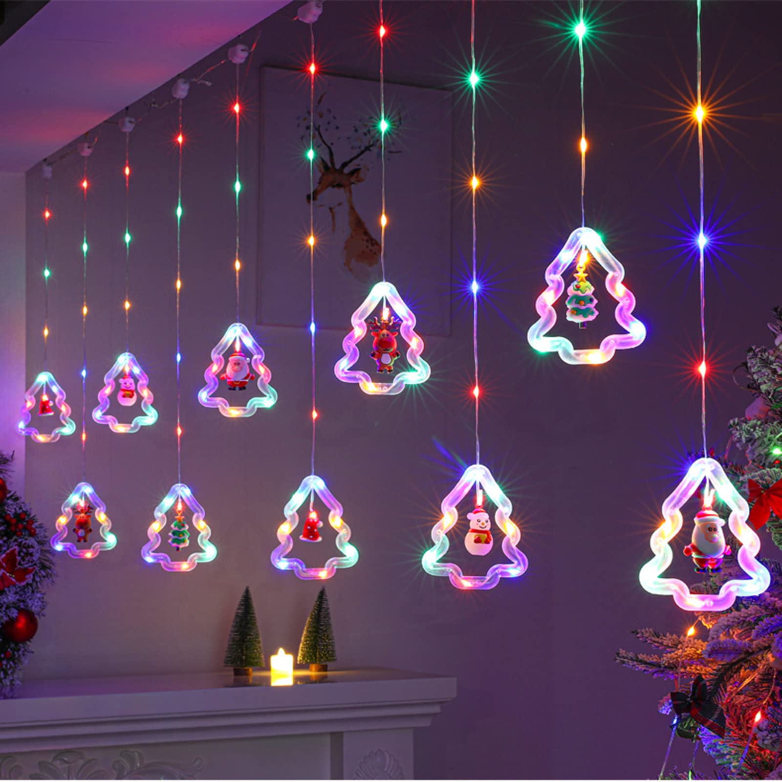 Luces navideñas para ventana de 3 m, luz decorativa navideña, cortina de luz con anillo en forma de árbol con colgantes y control remoto - 2