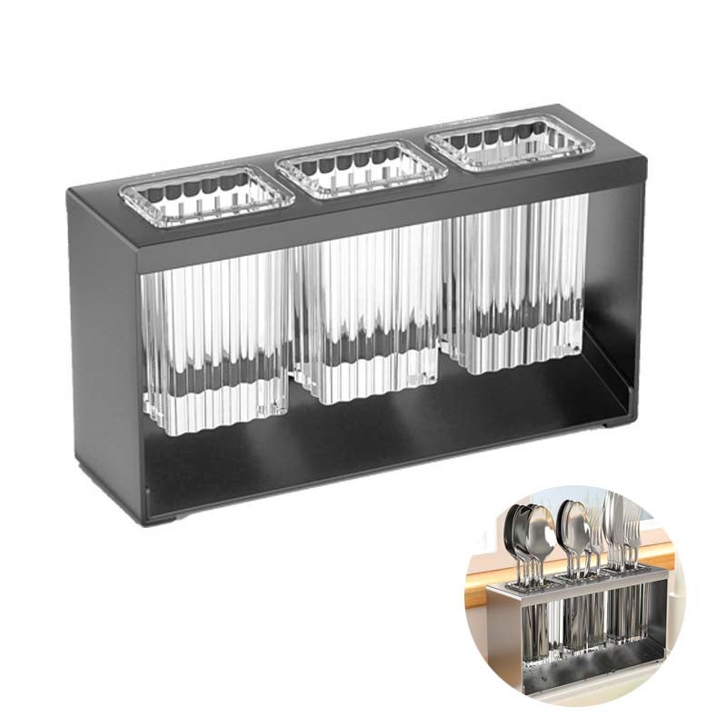 Organizer kuchenny - uchwyt na sztućce na blat i do szafki, separator na widelce, łyżki, pałeczki, czarny pojemnik, kompaktowy i trwały