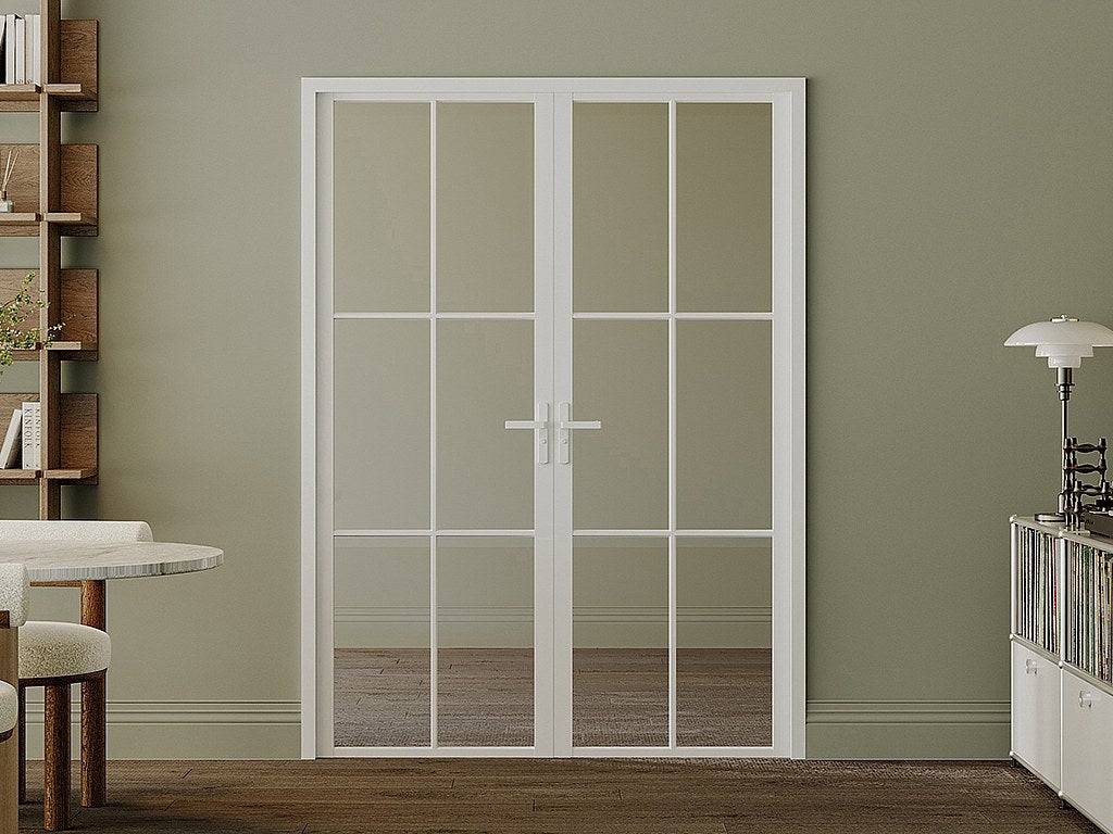 Drzwi kompletne 2-skrzydłowe dwustronne z aluminium i szkła hartowanego - Biały - 2 x wys. 204 x szer. 73 cm - SEROTO