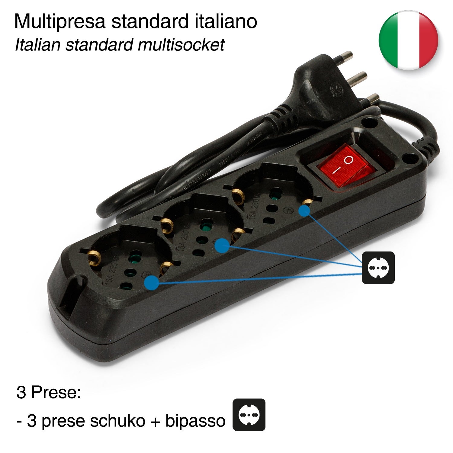 Multiprise italienne 3 schuko + 10/16A. Avec interrupteur, câble 1m et fiche 16A - 3