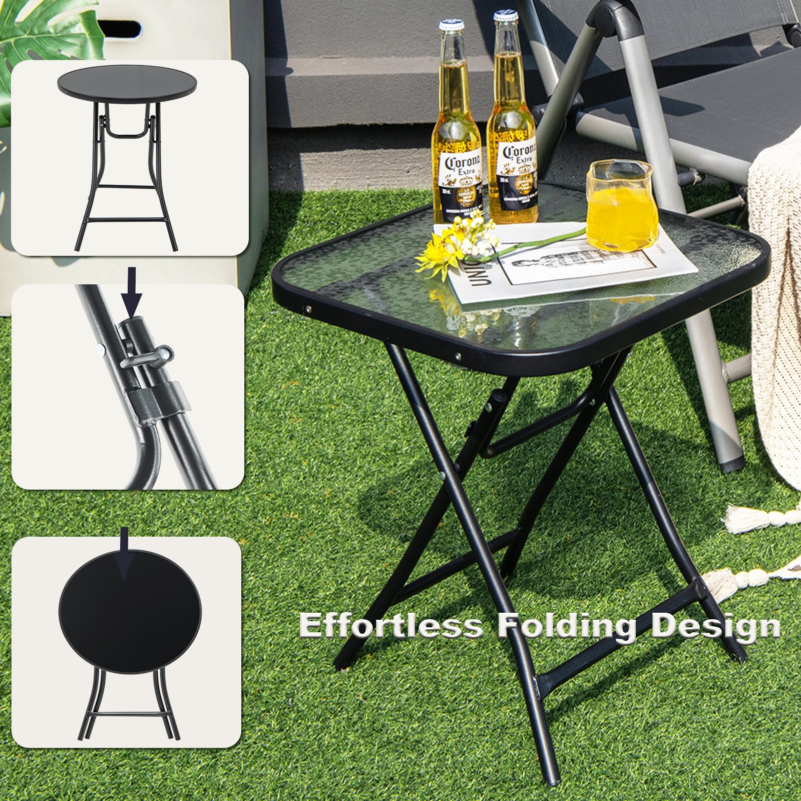 Table de Jardin Pliable, Table de Bistrot avec Plateau en Verre et Cadre en Métal, Table latérale Ronde, pour Balcon, Terrasse - 3