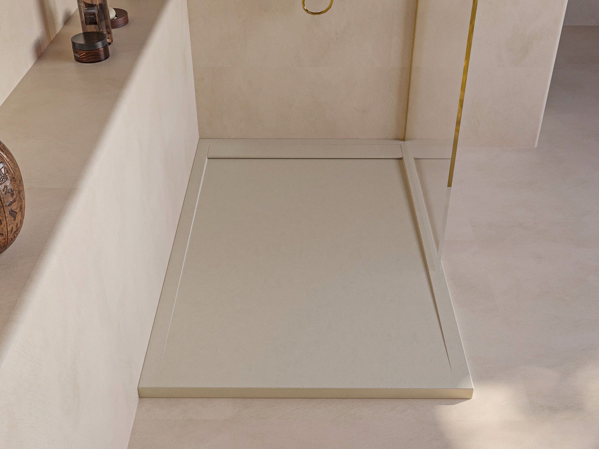 SOULHOME Brodzik prysznicowy– Żywica– Gel Coat– Gładka/Kamienna tekstura – Antypoślizgowy – intensywnie kremowy- 90x90- Niski 3cm– Minimalistyczny