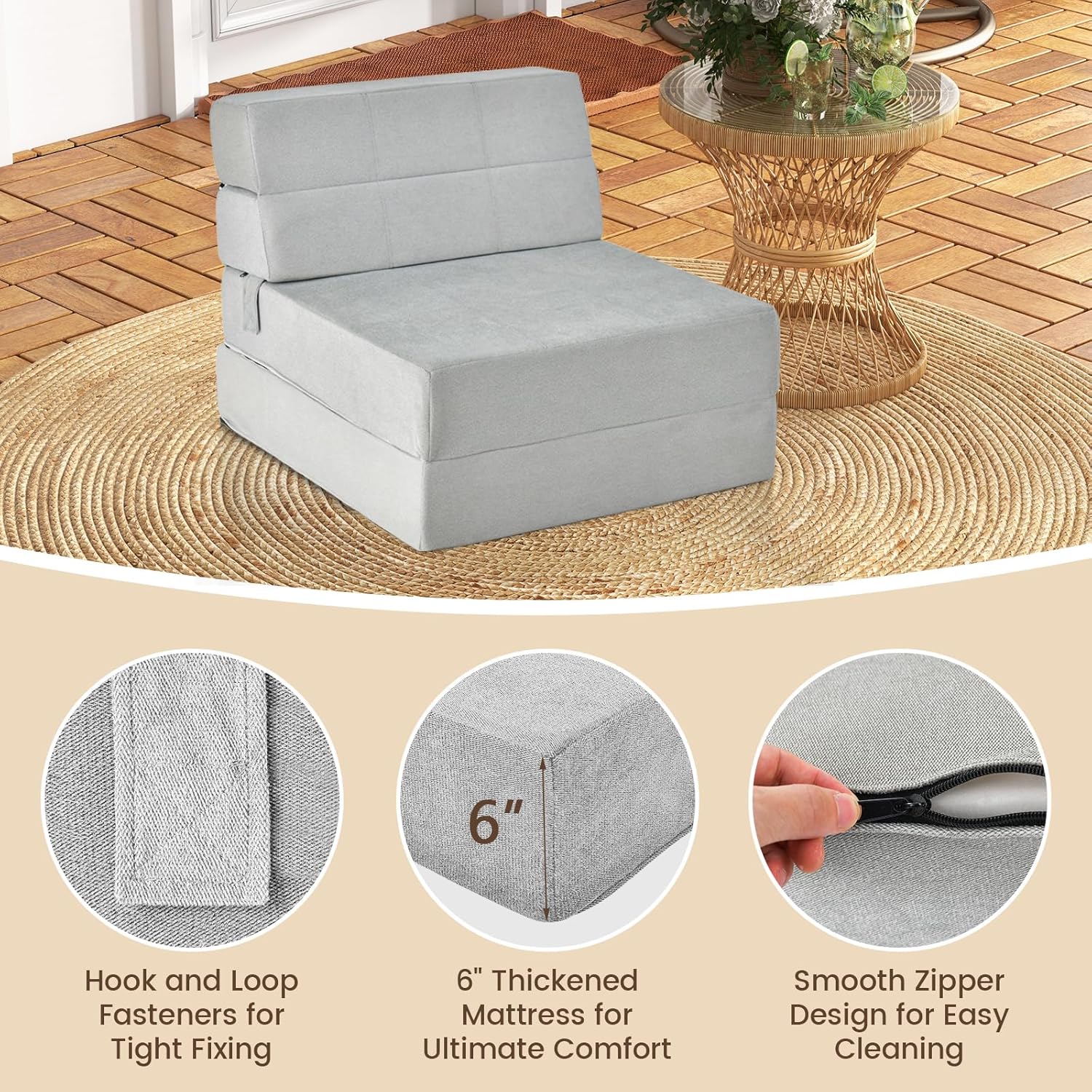 Canapé Lit 1 Place Convertible 3 en 1 avec Housse Amovible en Tissu Floqué,en Mousse pour Chambre, Invités, Voyage (71x190x15CM-3 en 1, Gris) - 6
