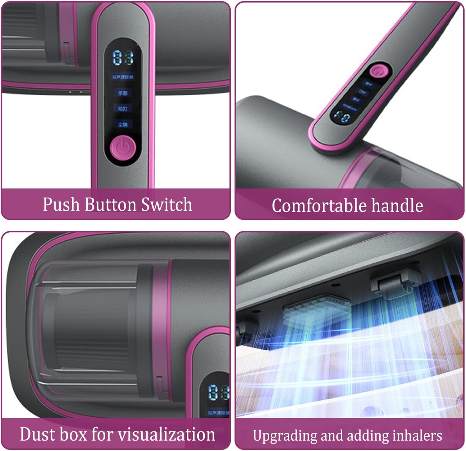 Aspirador portátil antiácaros para colchões, 12Kpa sem fio, detector de poeira com luz UV-C, 2 velocidades ajustáveis (roxo) - 3