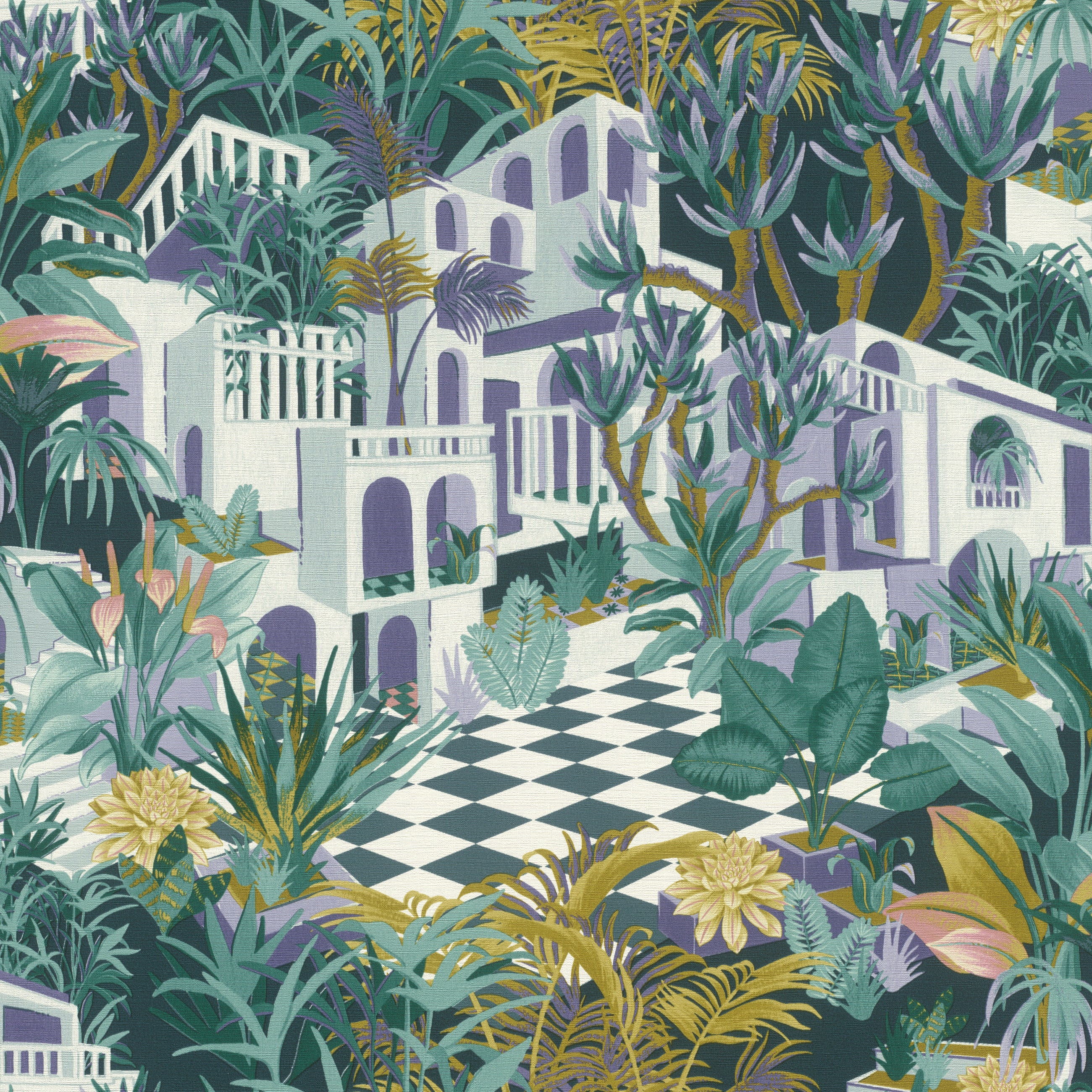 Papel pintado no tejido rasch con motivos tropicales en verde, morado y azul - colección tropical house