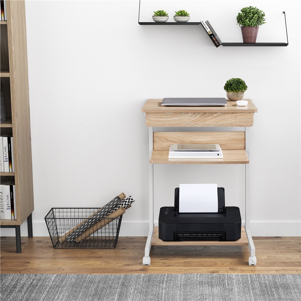 Bureau d'ordinateur Portable en Métal avec Roulettes et Tiroir Étagères de Rangement, Chêne clair Yaheetech - 3